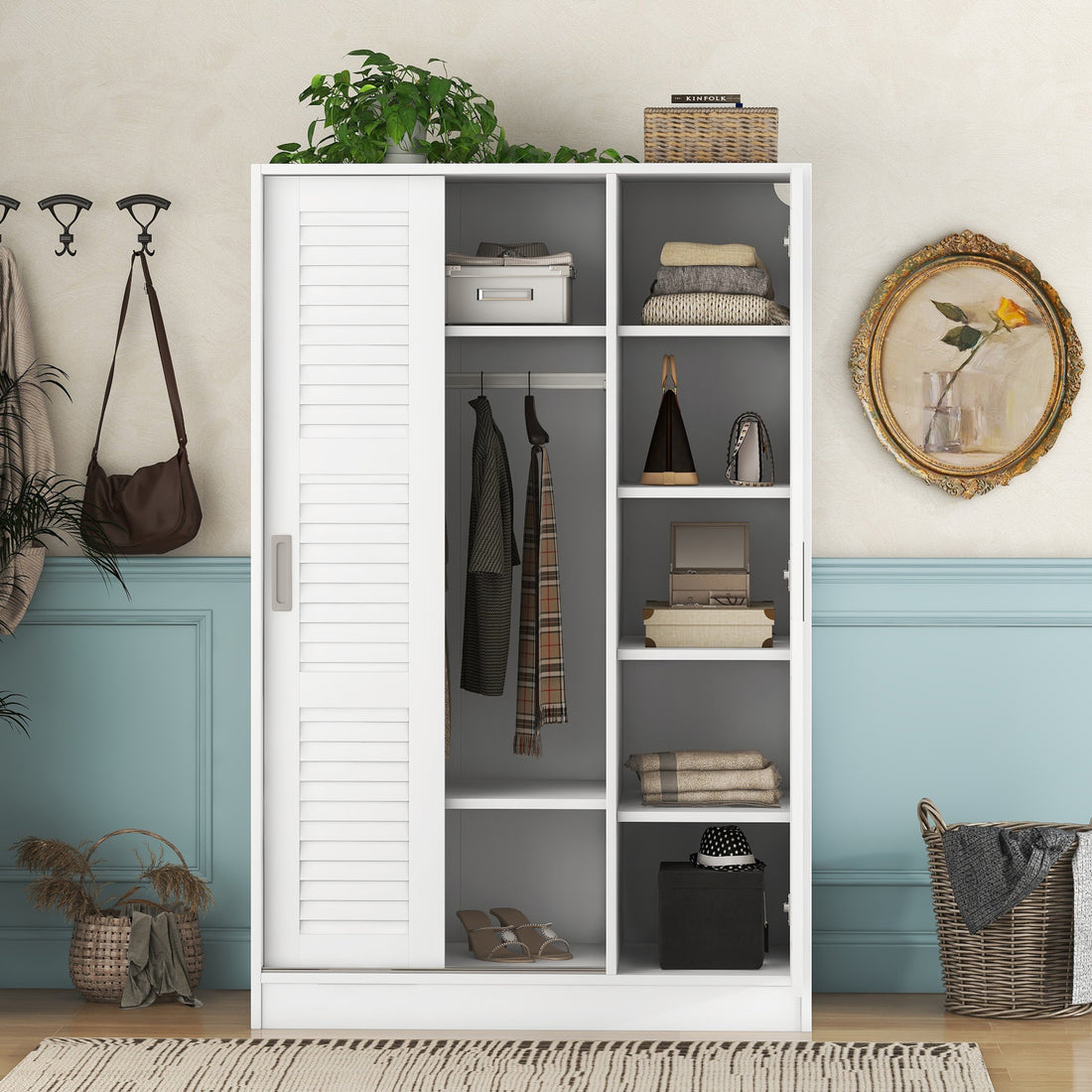 3 Door Shutter Wardrobe With Shelves, White Sliding White White Shelf Bedroom Shelf Contemporary 3 Mdf