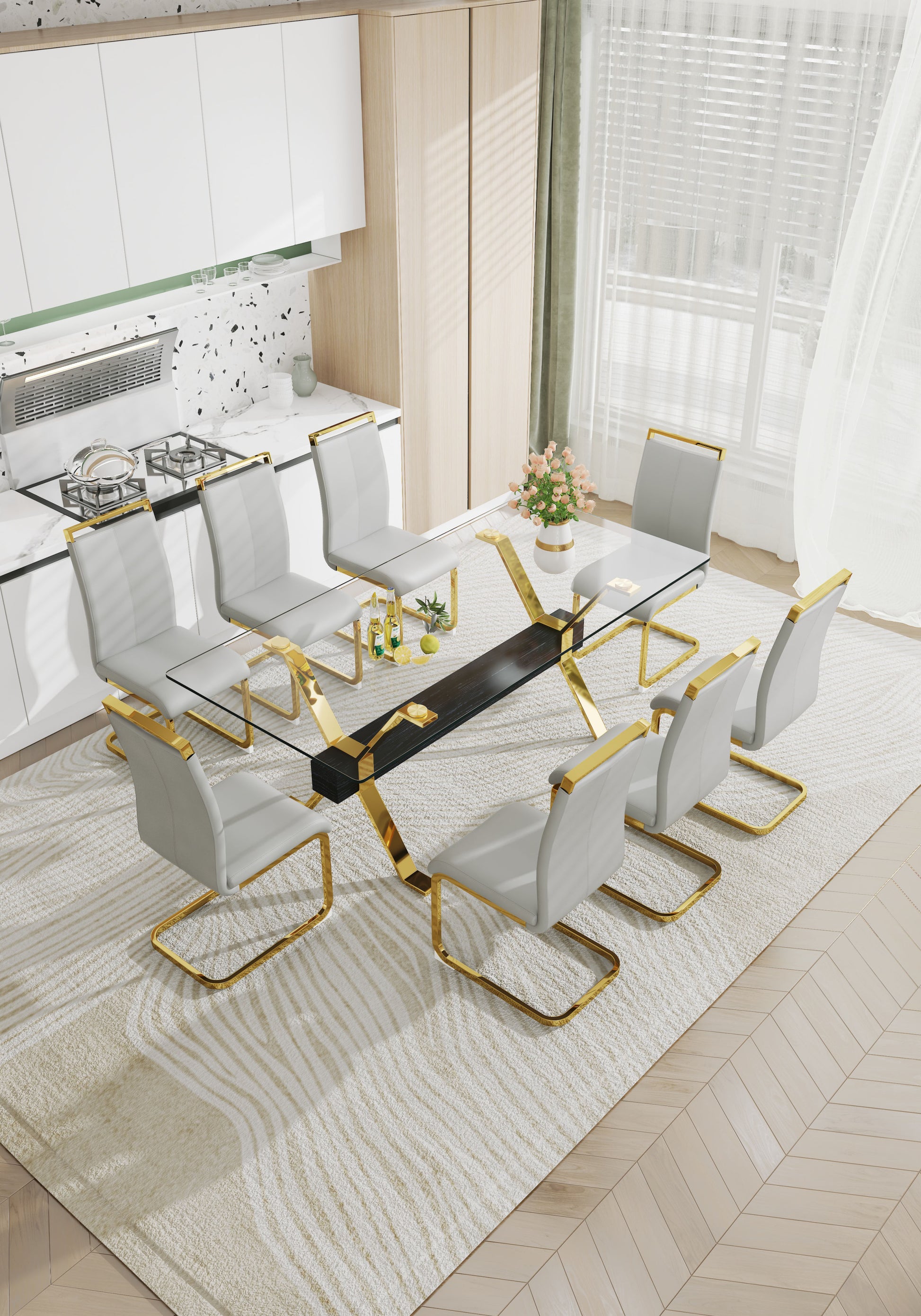 Dining Table. Modern Tempered Glass Dining Table. Large Modern Office Desk With Gold Plated Metal Legs And Mdf Crossbars, Suitable For Both Home And Office Use. Kitchen. 79 ''X39''X30 '' 1105 Transparent Glass