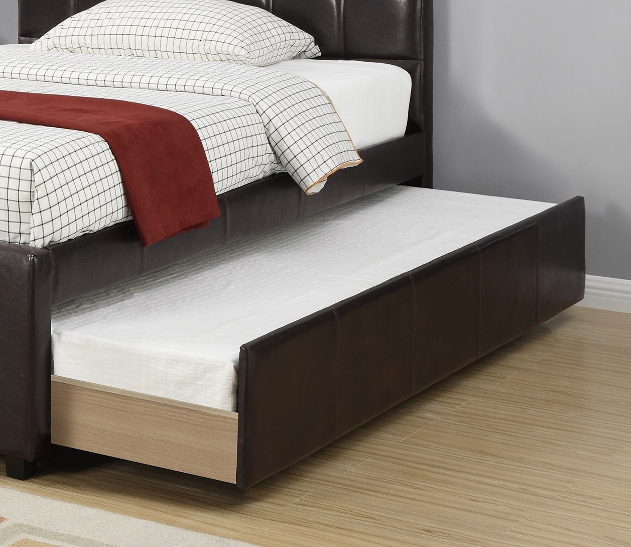 Twin Size Bed w Trundle Slats Espresso Faux Leather