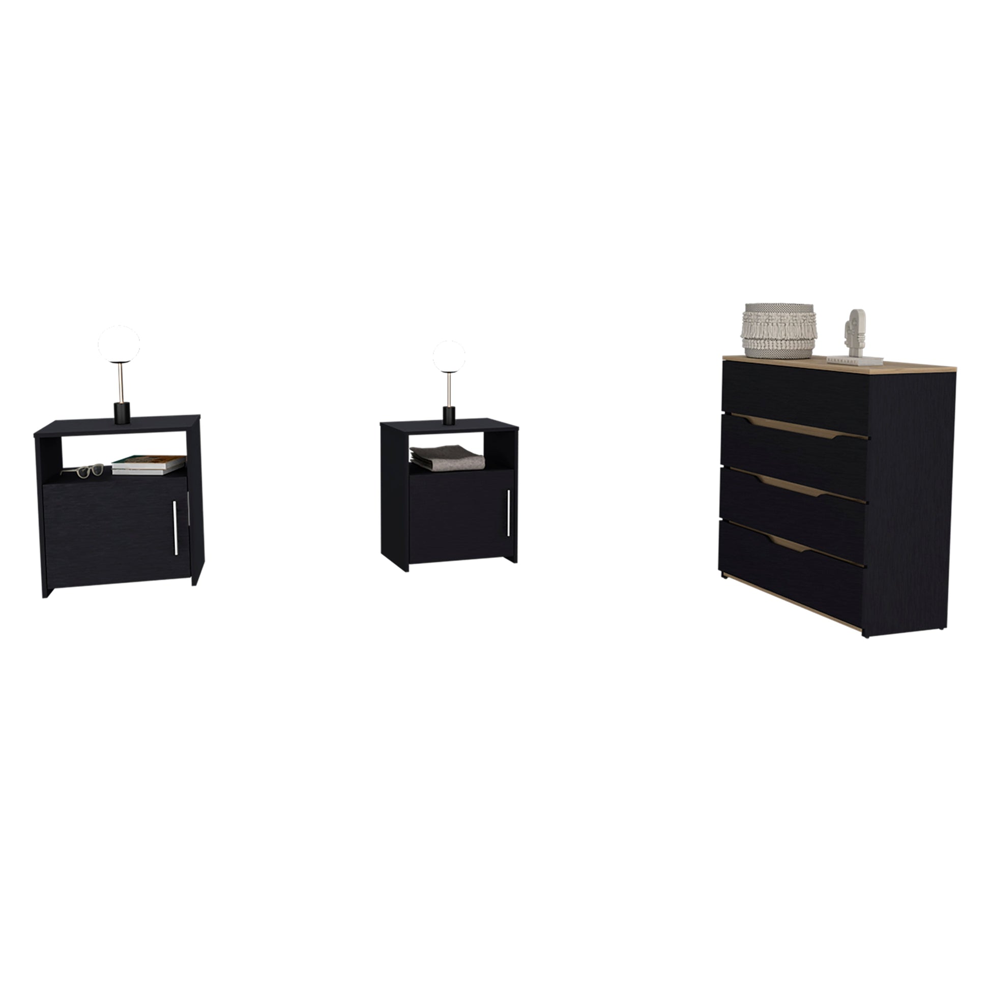 3 Piece Bedroom Set, Aralia Drawer Dresser, 2 Omaha Nightstands, Black Light Oak Black 3 Piece Set Bedroom Modern Particle Board Particle Board