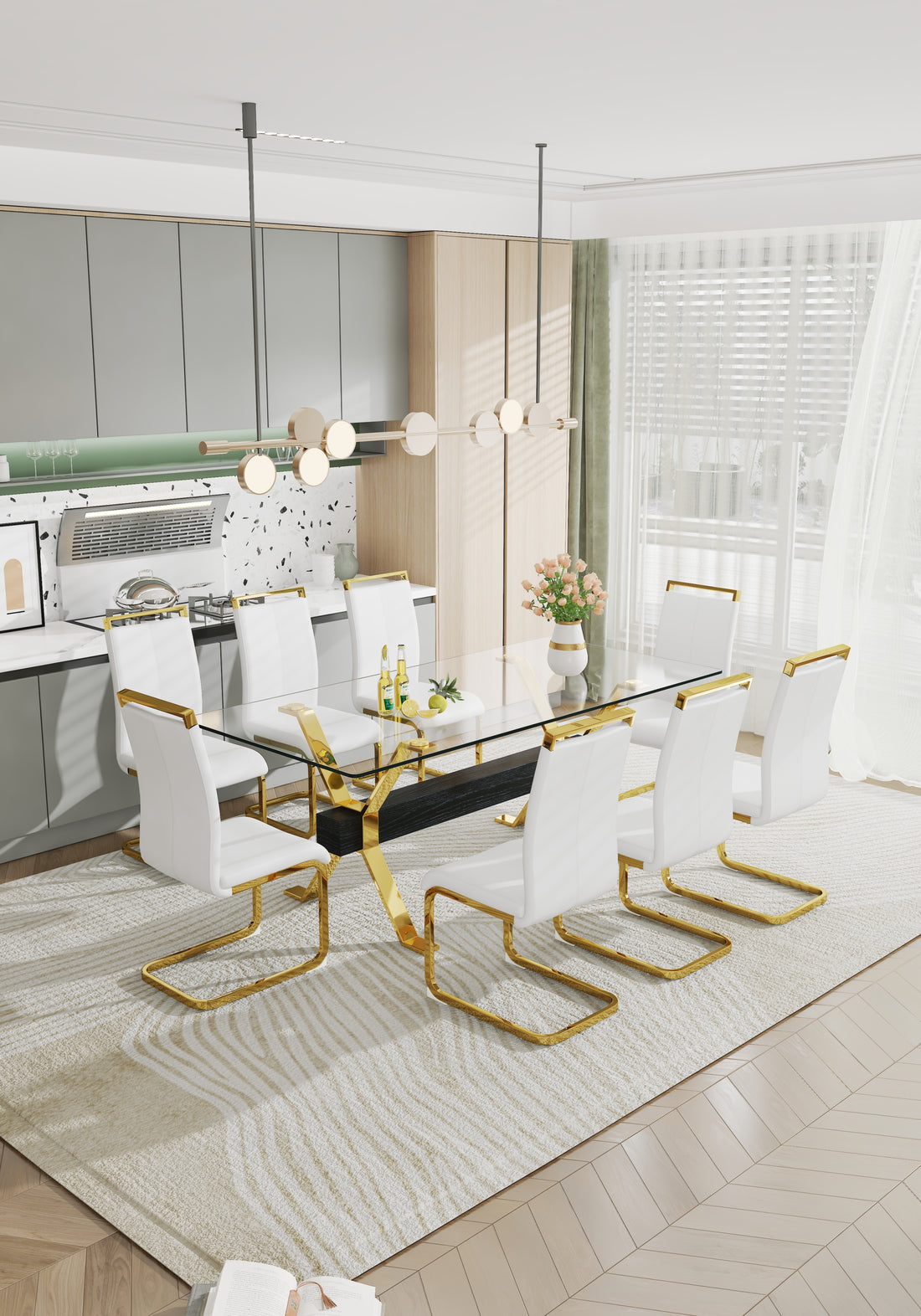 1 Table And 8 Chairs. Modern, Simple And Luxurious Tempered Glass Rectangular Dining Table And Desk With 8 White Pu Gold Plated Leg Chairs 79''X39''X30'' Transparent Glass