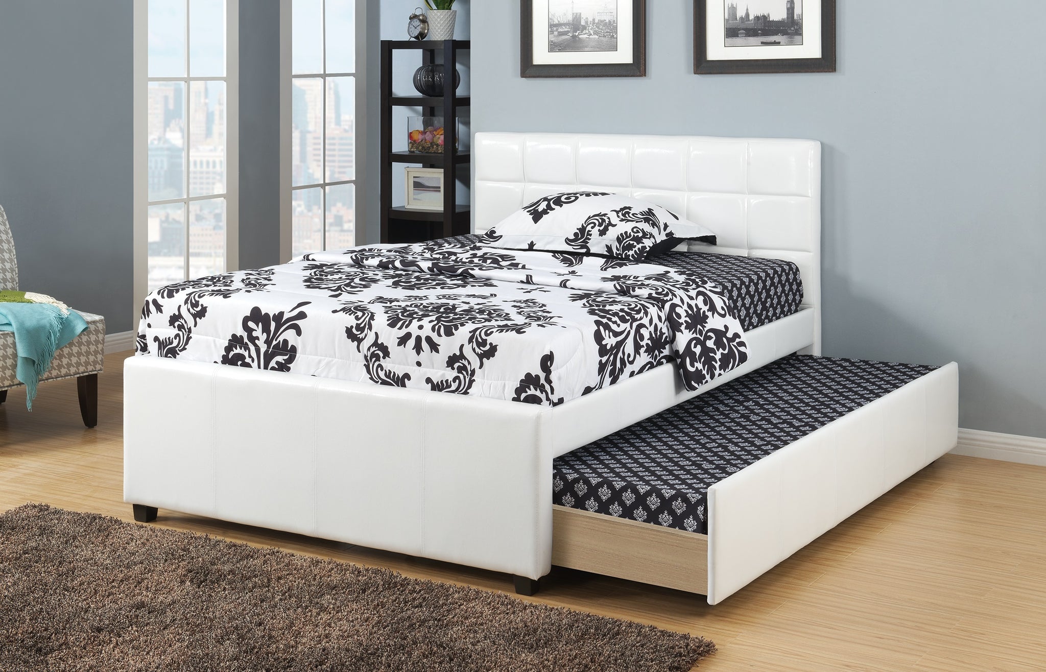 Twin Size Bed w Trundle Slats White Faux Leather