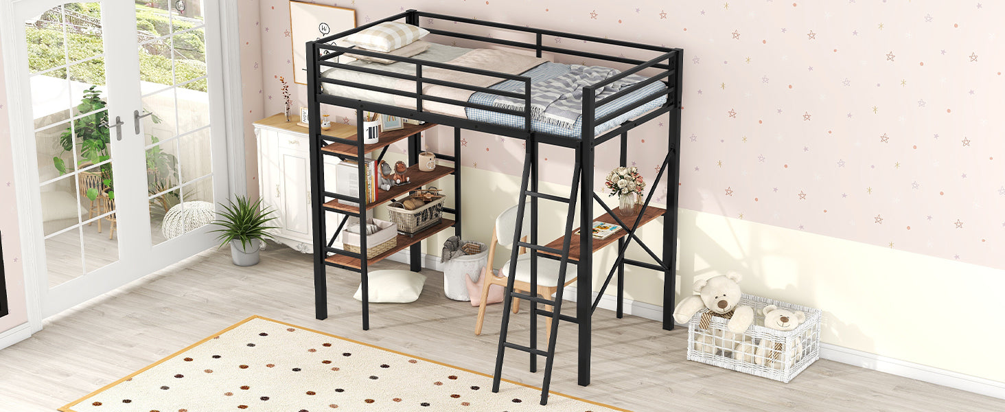 Twin Size Metal Loft Bed With Shelves And Desk, Black Old Sku: Wf306849Aab Box Spring Not Required Twin Black Metal Bedroom Bed Frame Metal