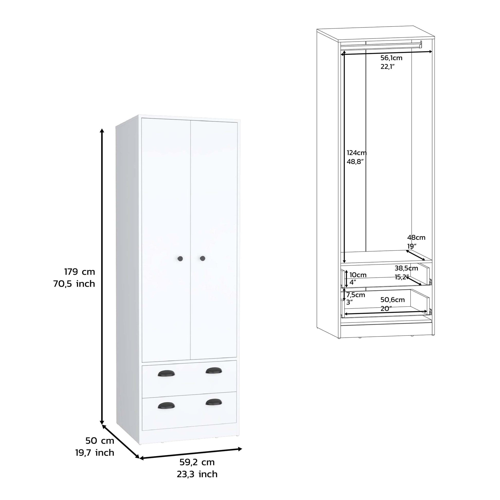 Armoire 70"H With 2 Drawers And 2 Doors, White White White Modern Particle Board Particle Board