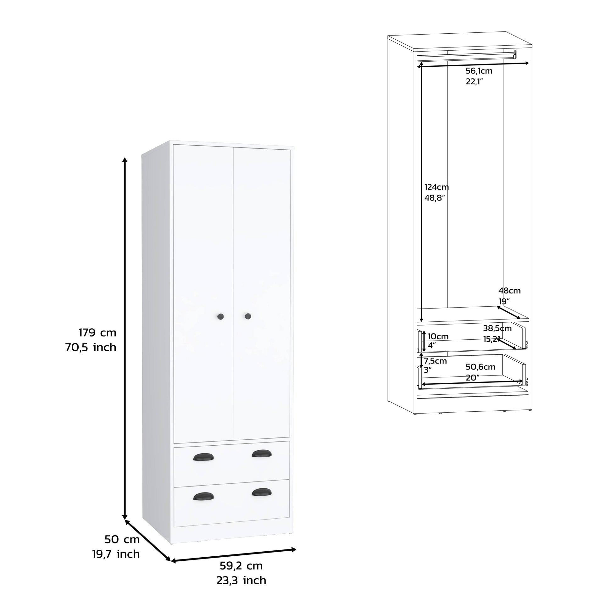 Armoire 70"H With 2 Drawers And 2 Doors, White White White Modern Particle Board Particle Board