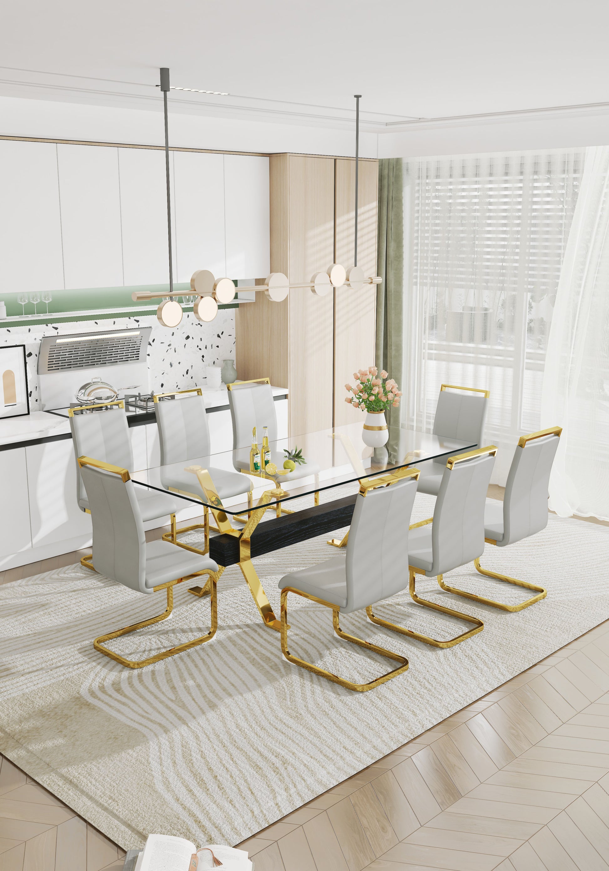 Dining Table. Modern Tempered Glass Dining Table. Large Modern Office Desk With Gold Plated Metal Legs And Mdf Crossbars, Suitable For Both Home And Office Use. Kitchen. 79 ''X39''X30 '' 1105 Transparent Glass