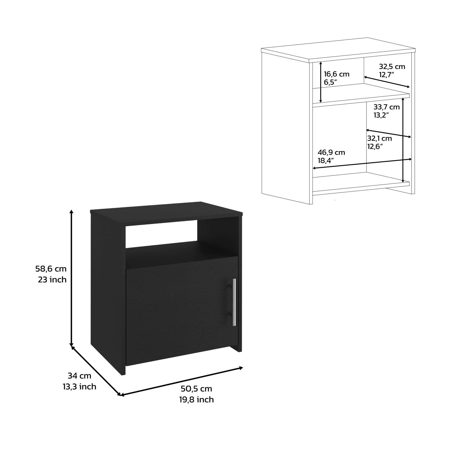 Nightstand, Single Door Cabinet, Metal Handle, One Shelf, Superior Top, Black Black Particle Board Particle Board