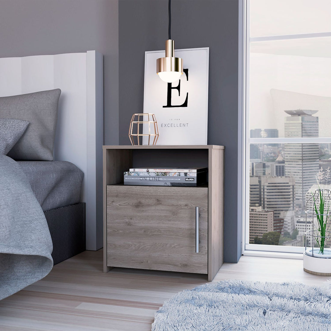 Nightstand, Single Door Cabinet, Metal Handle, One Shelf, Superior Top, Light Gray Gray Particle Board Particle Board