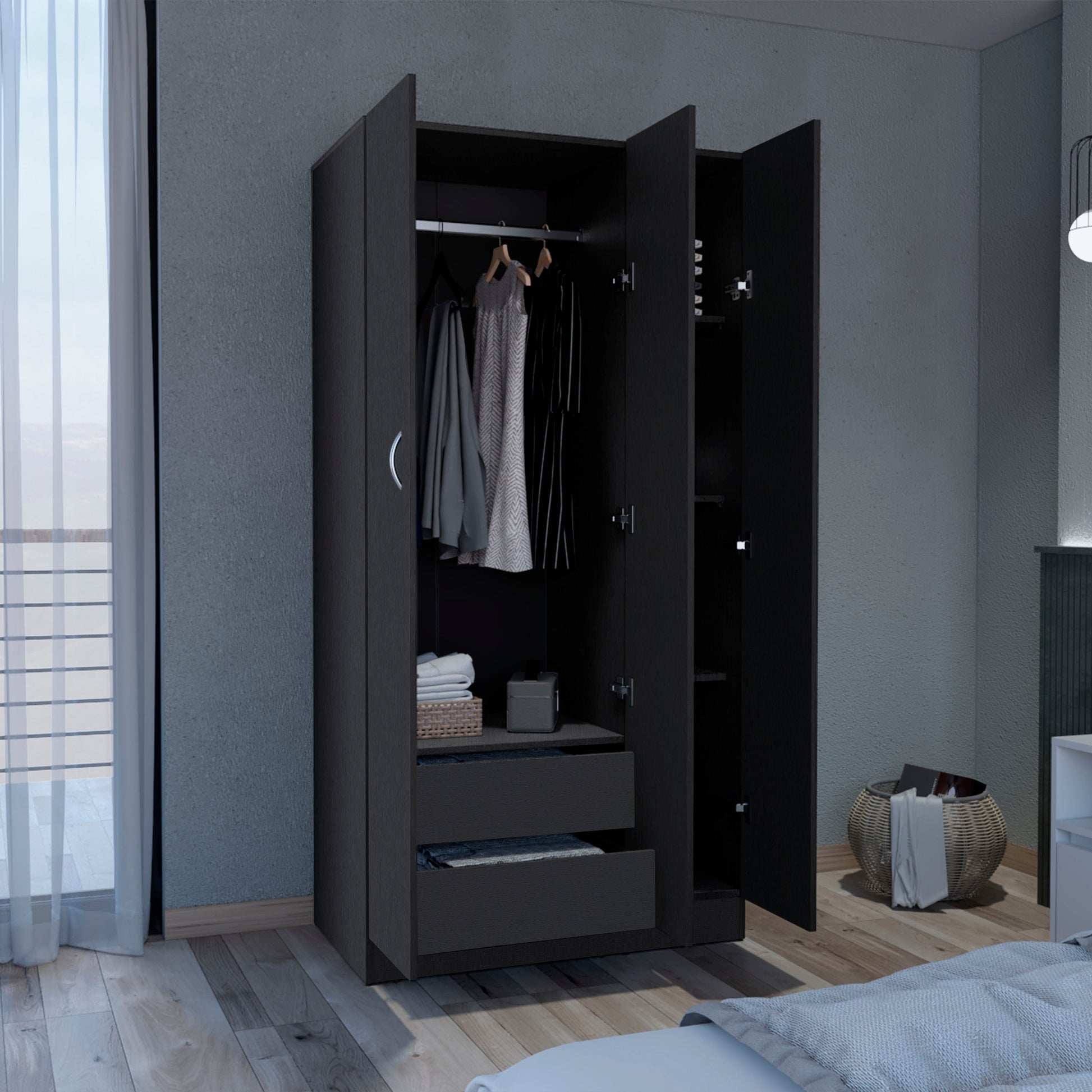 Wardrobe Armoire 71"H With 3 Doors And 2 Inner Drawers, 3 Doors, Black Black Bedroom Modern Pine Particle Board Particle Board