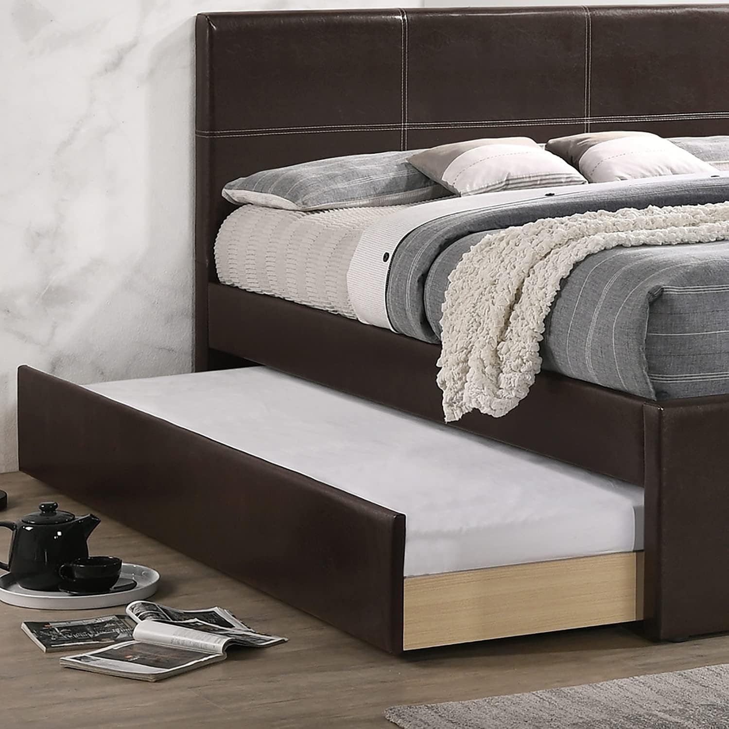 Full Size Bed w Trundle Slats Espresso Faux Leather