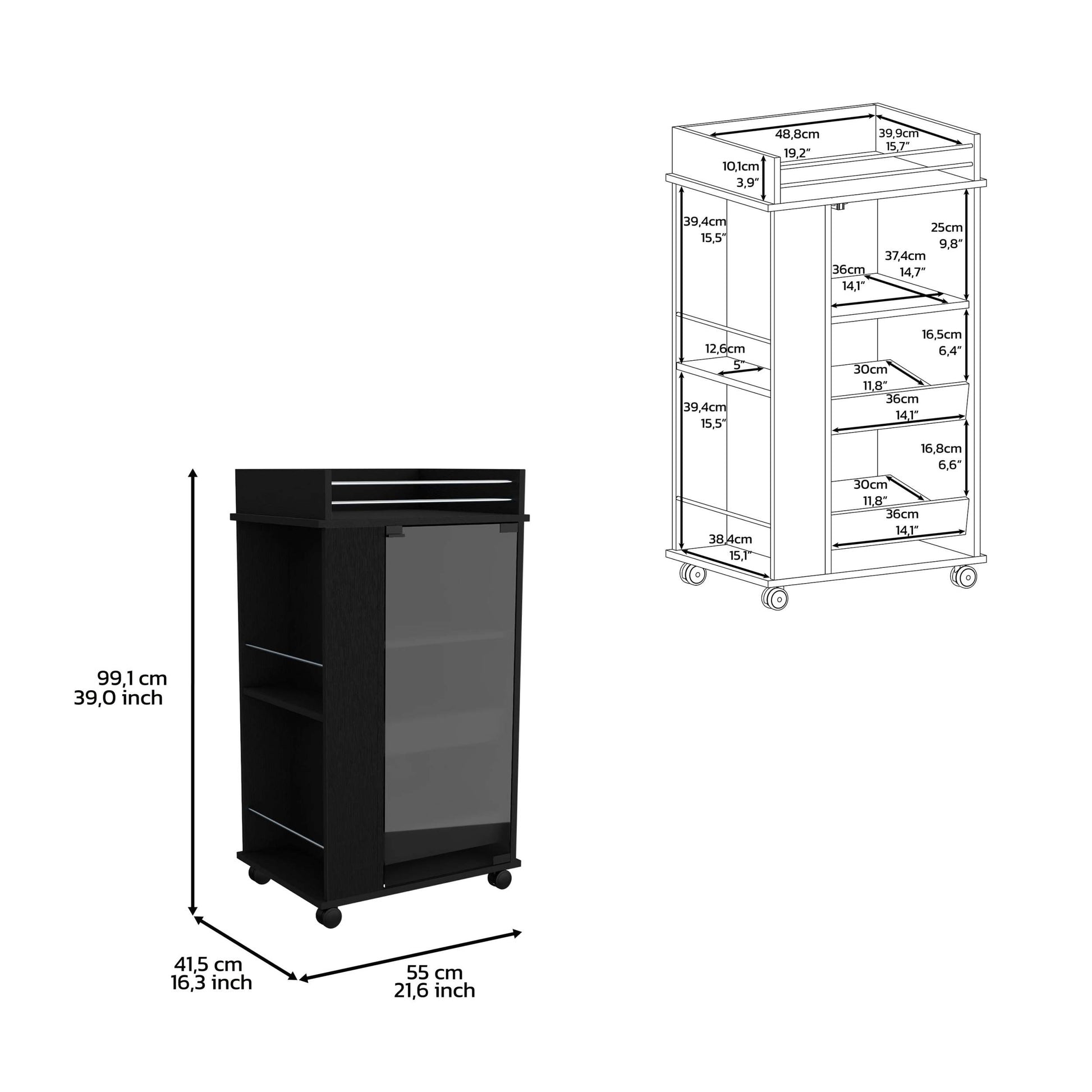 Black Kitchen Cabinet, Bar Cart With Wheels, Glass Door, 3 Internal Shelves And 2 Side Shelves, Space To Store Coffee And Snacks. Black Particle Board Particle Board