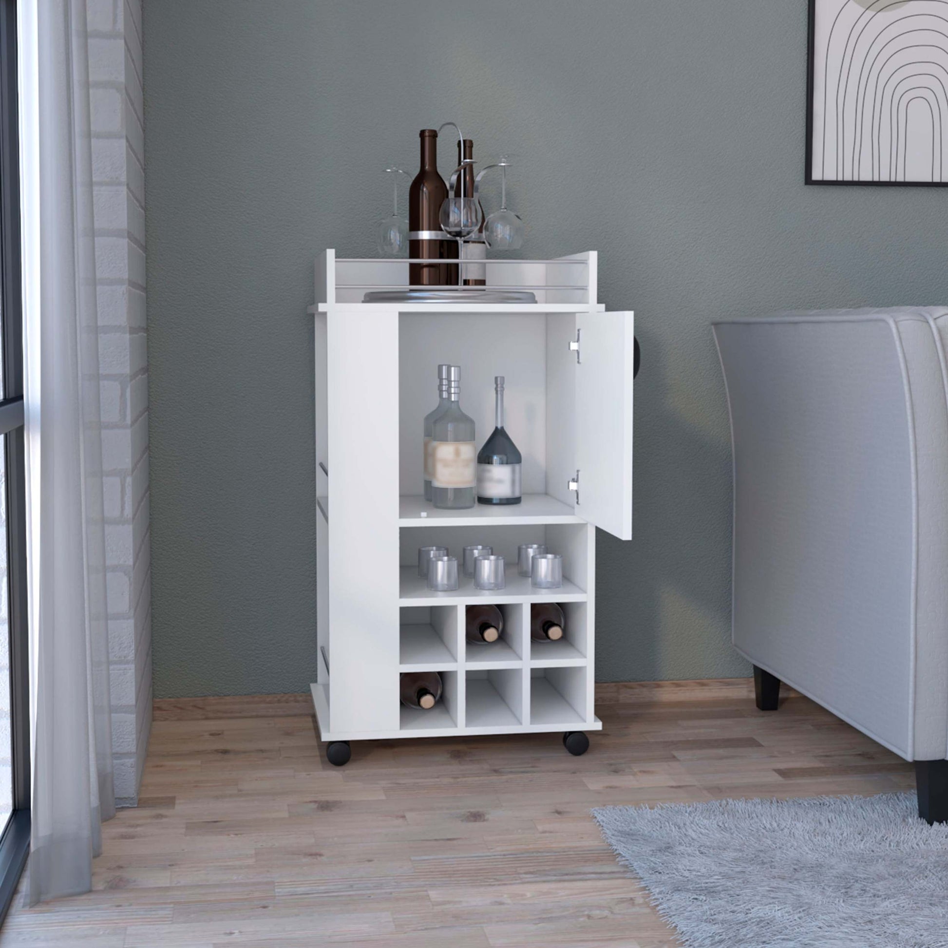 White 4 Wheel Bar Cart Cabinet For Kitchen Or Living Room, With 6 Built In Bottle Racks, 1 Interior Shelve, 2 Side Shelves, 1 Space With Wood Door To Store Glasses, Cups, Coffee Or Snacks. White Particle Board Particle Board