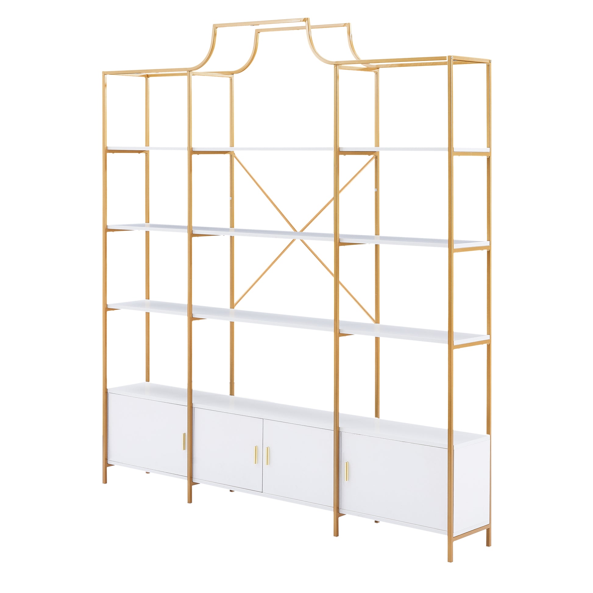 78 Inch 4 Tiers Home Office Bookcase Bookshelf, Storage Cabinet Display Shelf, X Bar Gold Frame Golden White Mdf Steel