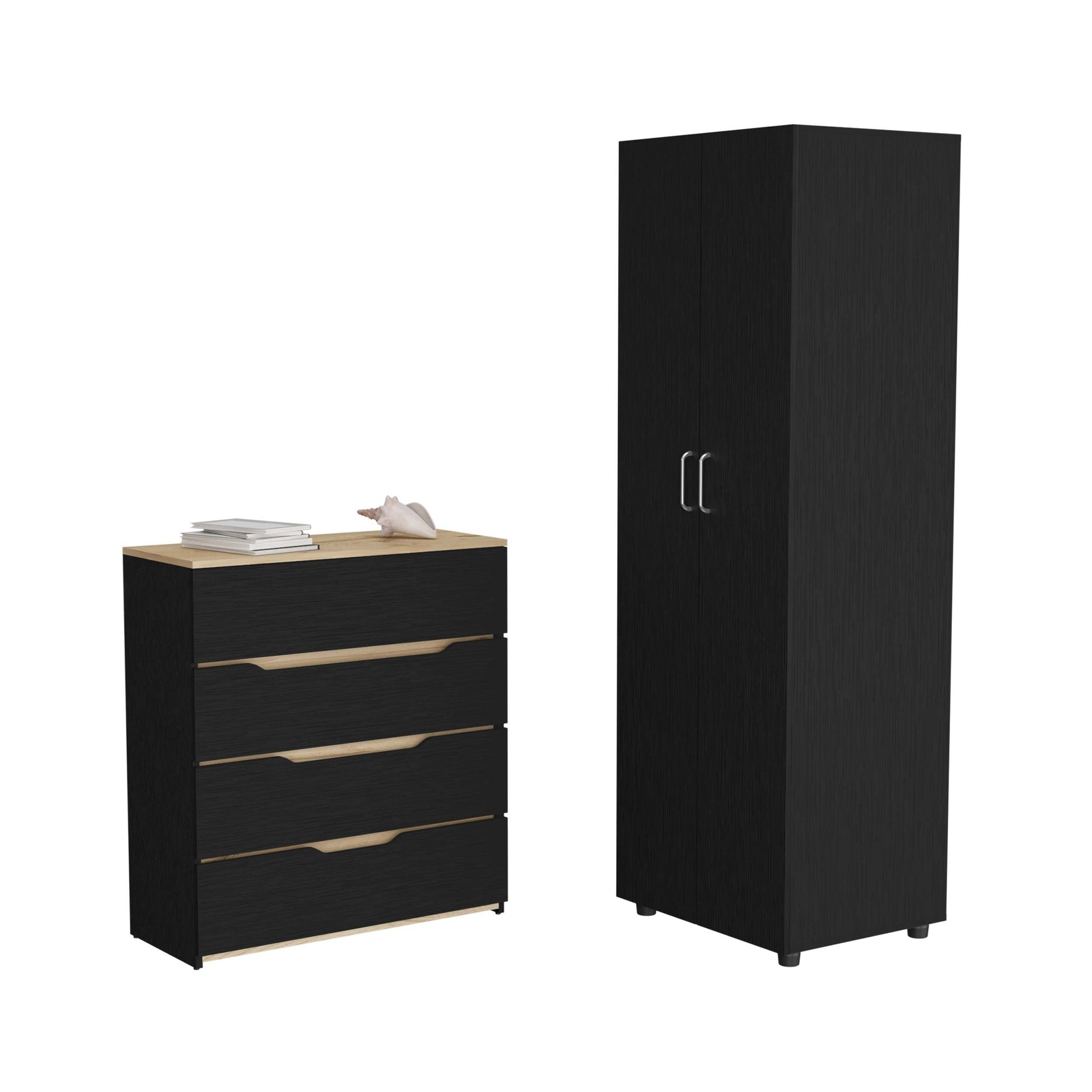 2 Piece Bedroom Set, London Armoire Aralia Drawer Dresser, Black Light Oak Full Black 2 Piece Set Particle Board Particle Board