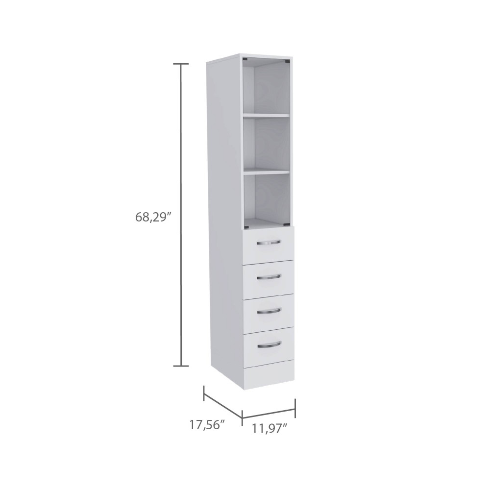 Linen Cabinet 68" H, Three Shelves, Four Drawers And Metal Handles, White 4 White 3 Bathroom Freestanding Modern Particle Board Particle Board