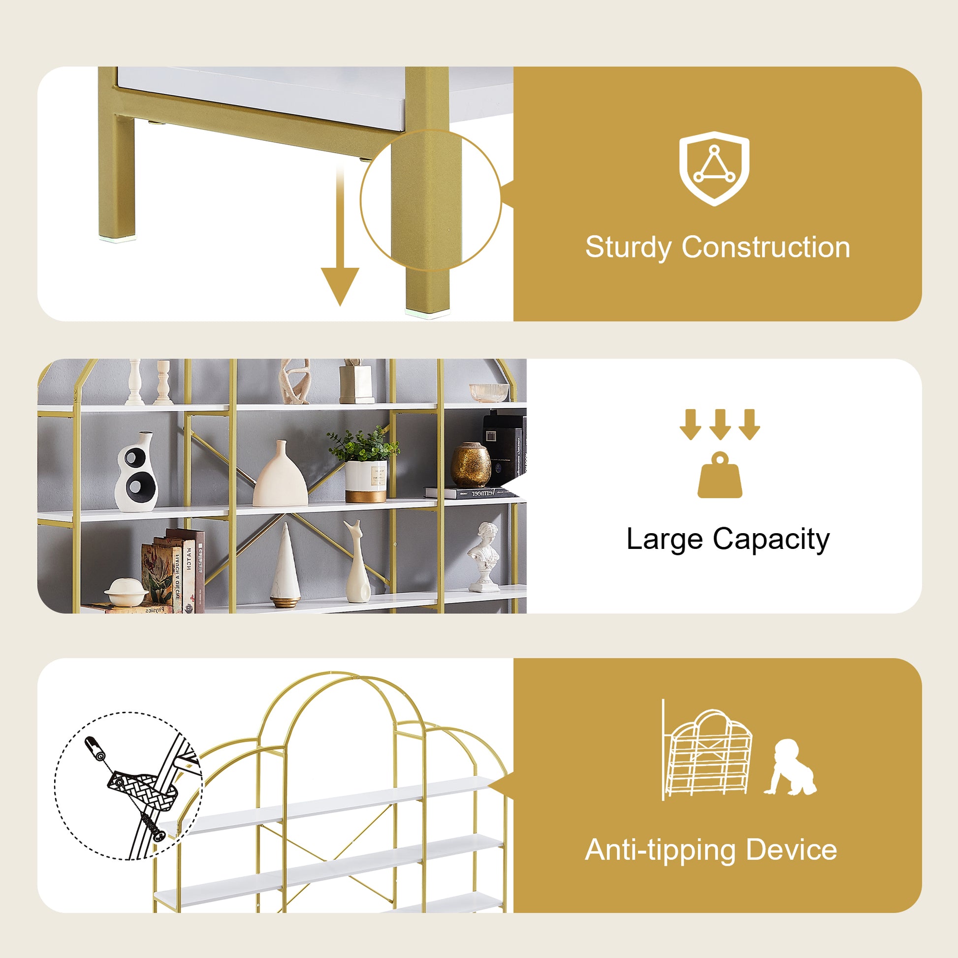 74.8 Inch 5 Tiers Office Bookcase Bookshelf, Display Shelf With Round Top, X Bar Gold Frame Golden White Mdf Steel