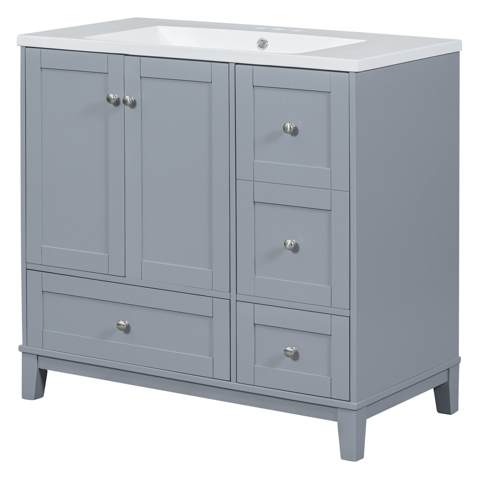 36 Inch Modern Bathroom Vanity With Usb Charging, Two Doors And Three Drawers Bathroom Storage Vanity Cabinet With Single Top, Small Bathroom Vanity Cabinet With Sinkwhite & Gray Blue Faucets Not Grey Solid Wood Mdf Resin