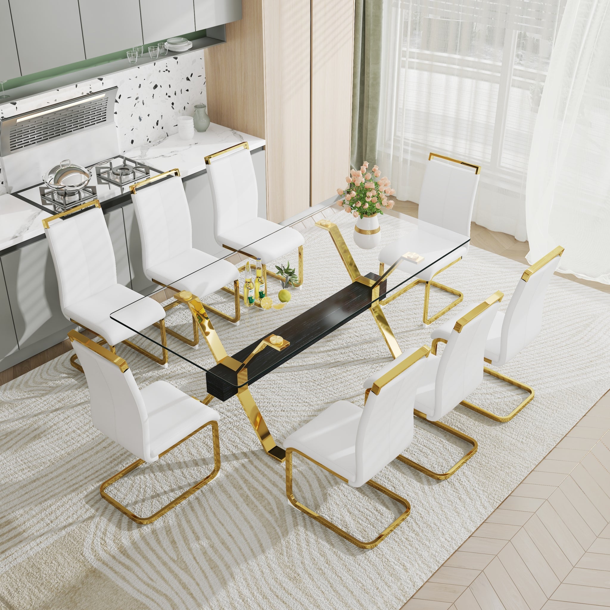 1 Table And 8 Chairs. Modern, Simple And Luxurious Tempered Glass Rectangular Dining Table And Desk With 8 White Pu Gold Plated Leg Chairs 79''X39''X30'' Transparent Glass