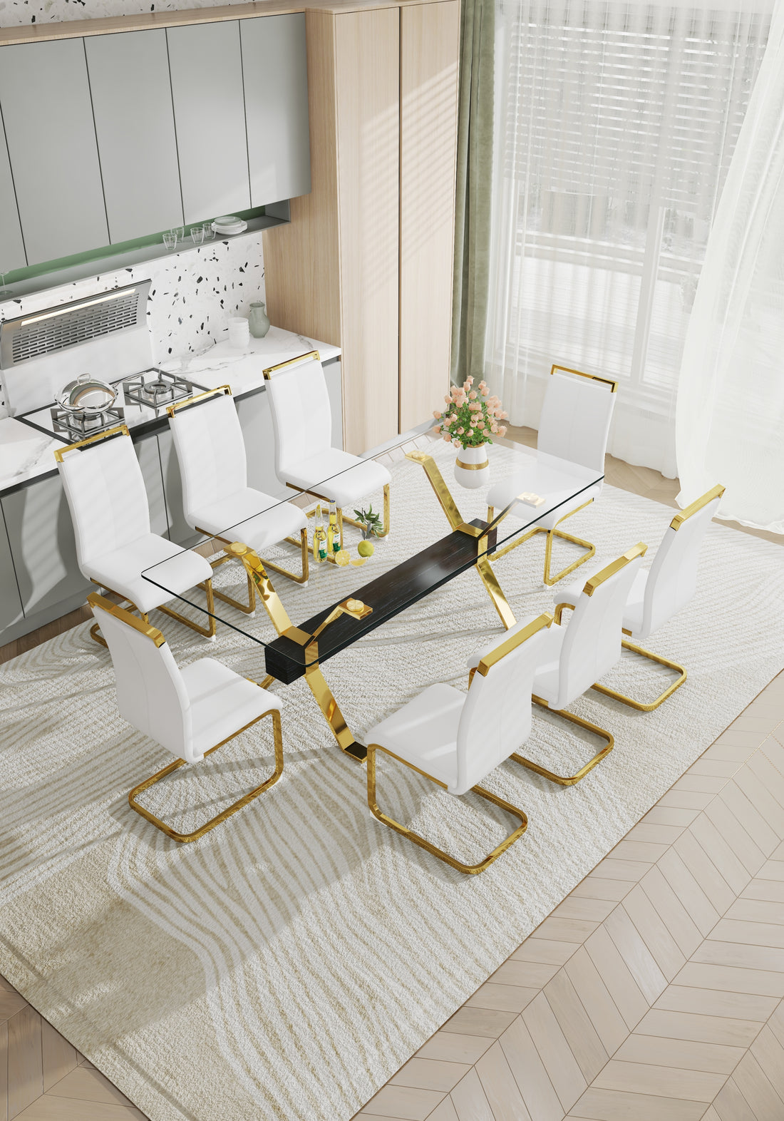 1 Table And 8 Chairs. Modern, Simple And Luxurious Tempered Glass Rectangular Dining Table And Desk With 8 White Pu Gold Plated Leg Chairs 79''X39''X30'' Transparent Glass