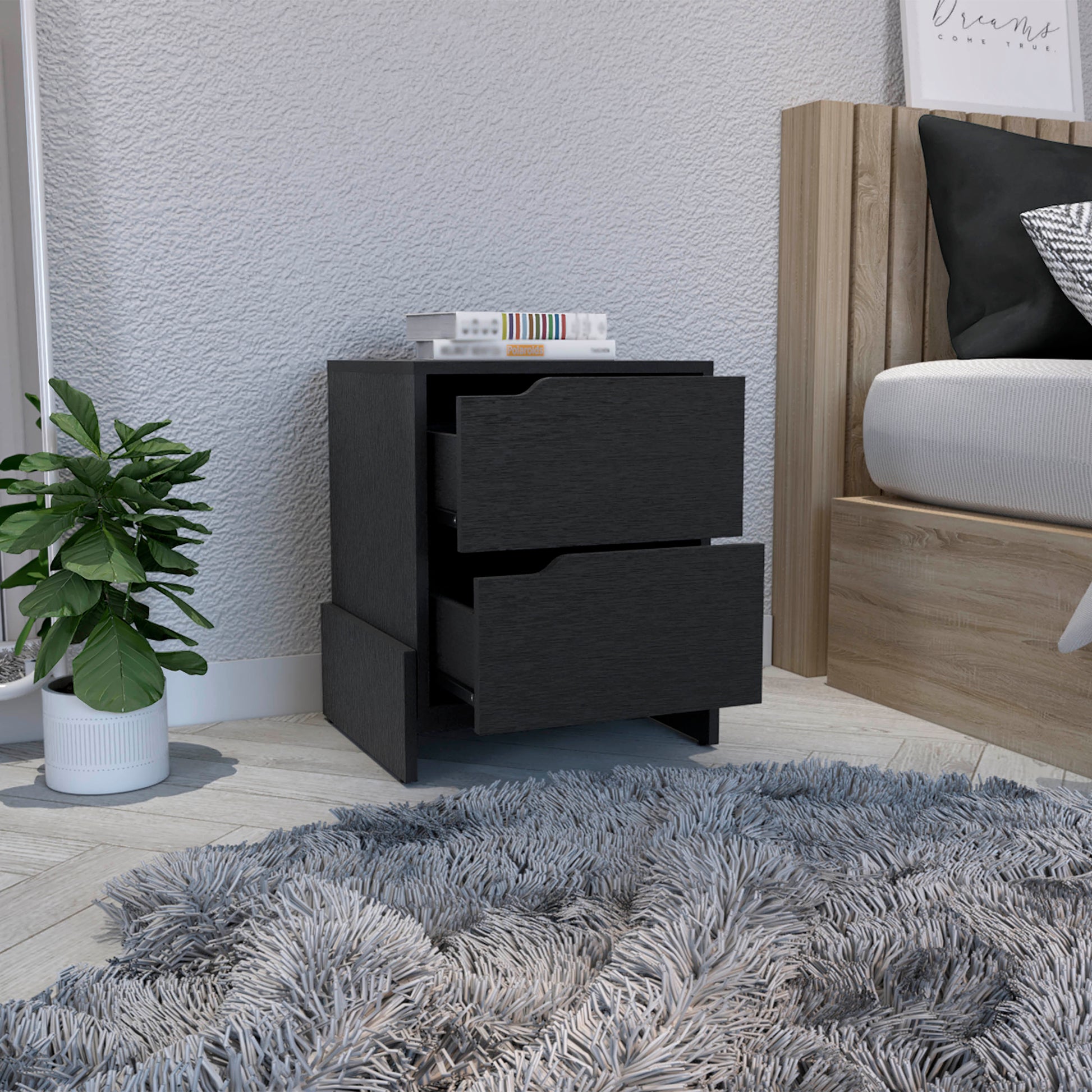 Nightstand With 2 Drawers, End Table With Sturdy Base, Black Black Particle Board Particle Board