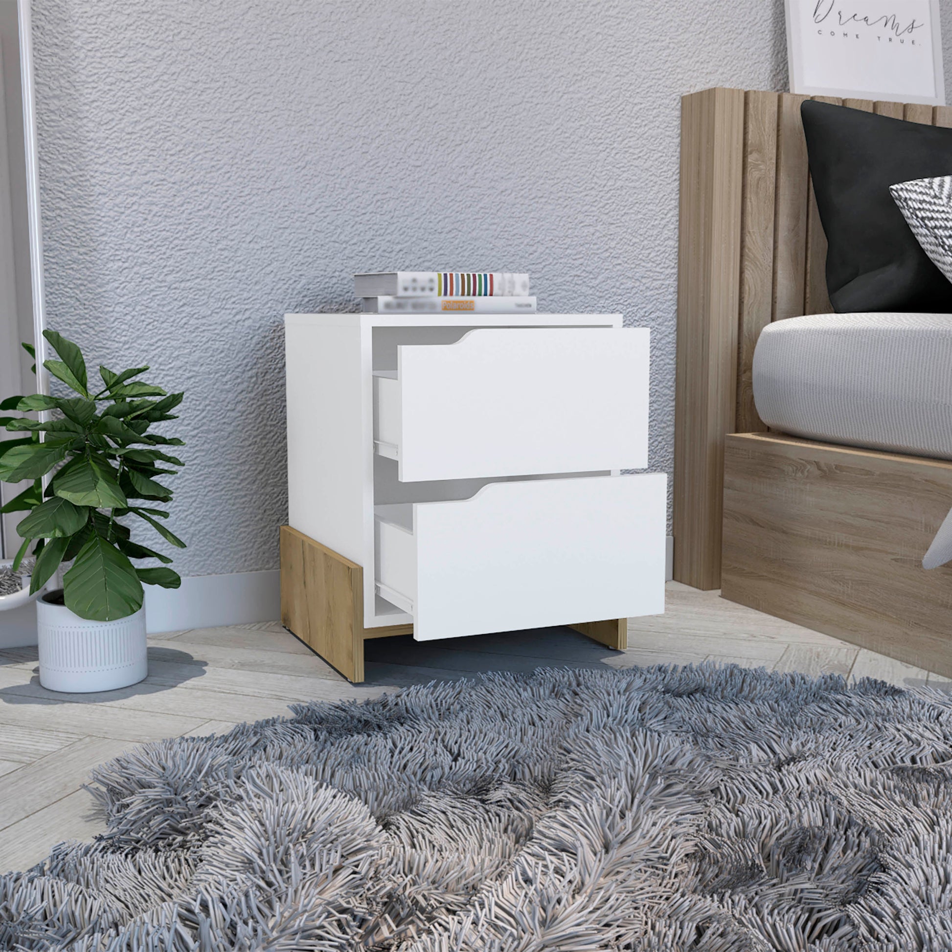 Nightstand With 2 Drawers, End Table With Sturdy Base, White Macadamia Multicolor Particle Board Particle Board