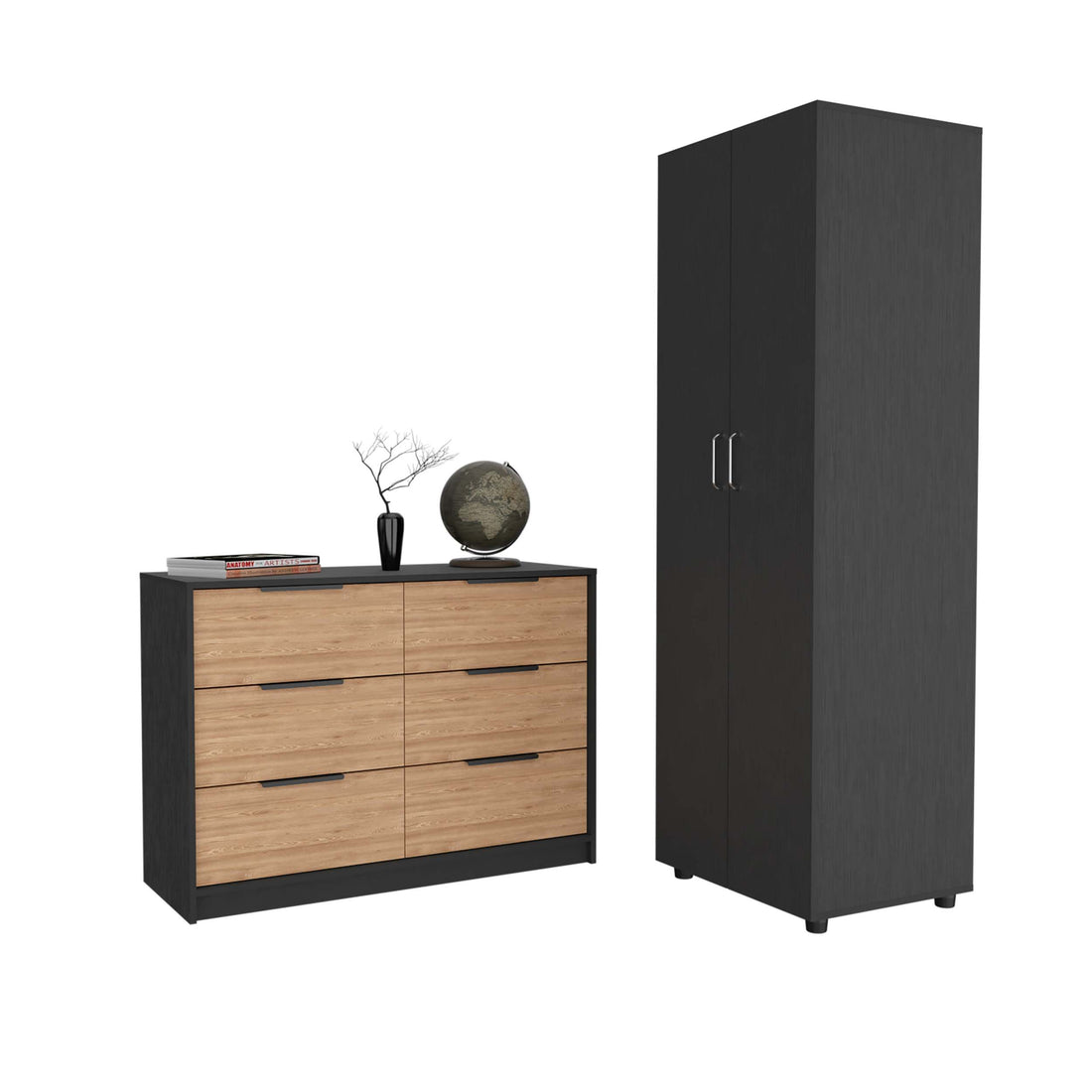 2 Piece Bedroom Set, London Armoire Egeo 4 Drawer Dresser, Black Pine Full Black 2 Piece Set Particle Board Particle Board