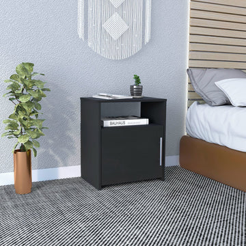 Nightstand, Single Door Cabinet, Metal Handle, One Shelf, Superior Top, Black Black Particle Board Particle Board