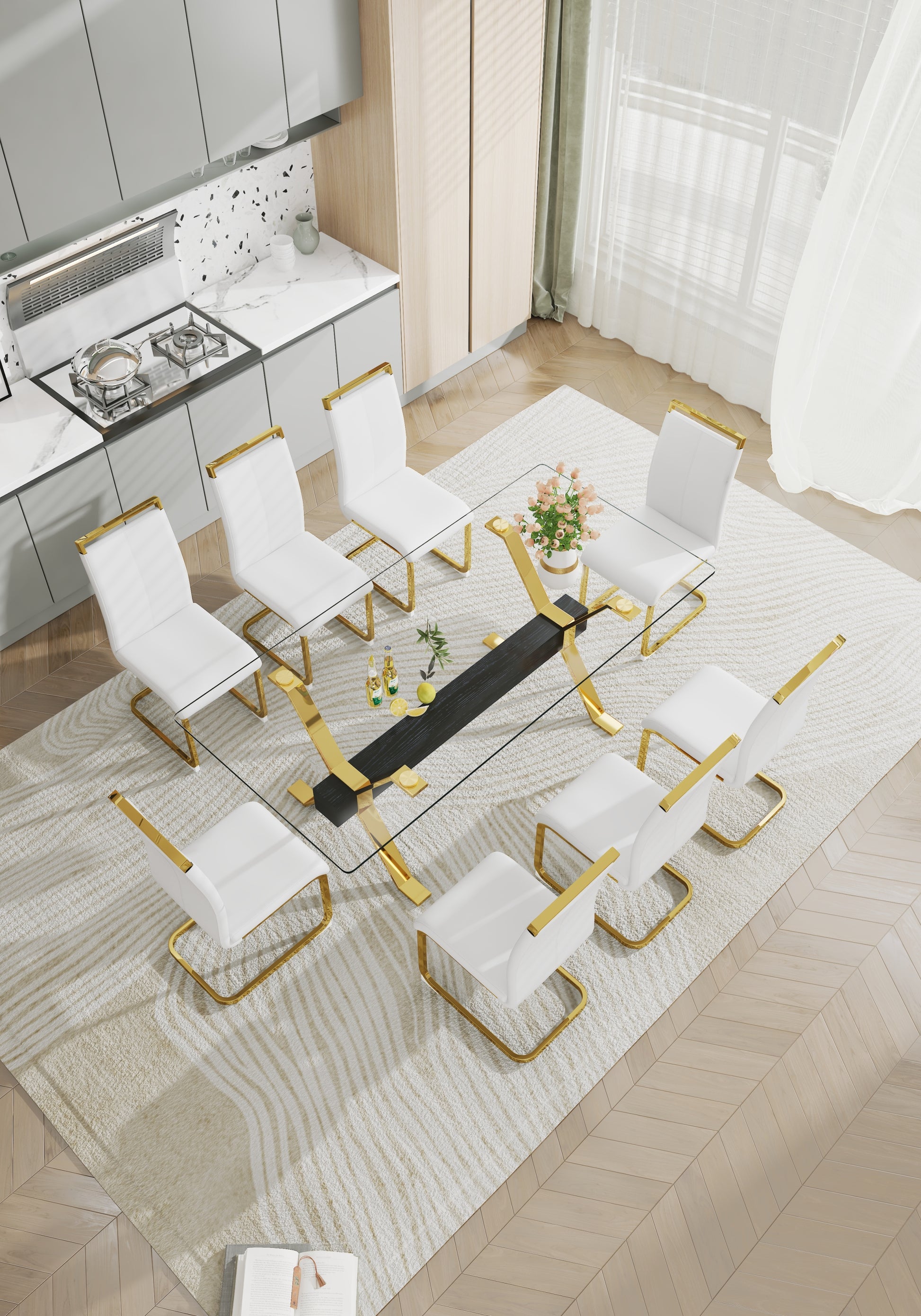 1 Table And 8 Chairs. Modern, Simple And Luxurious Tempered Glass Rectangular Dining Table And Desk With 8 White Pu Gold Plated Leg Chairs 79''X39''X30'' Transparent Glass