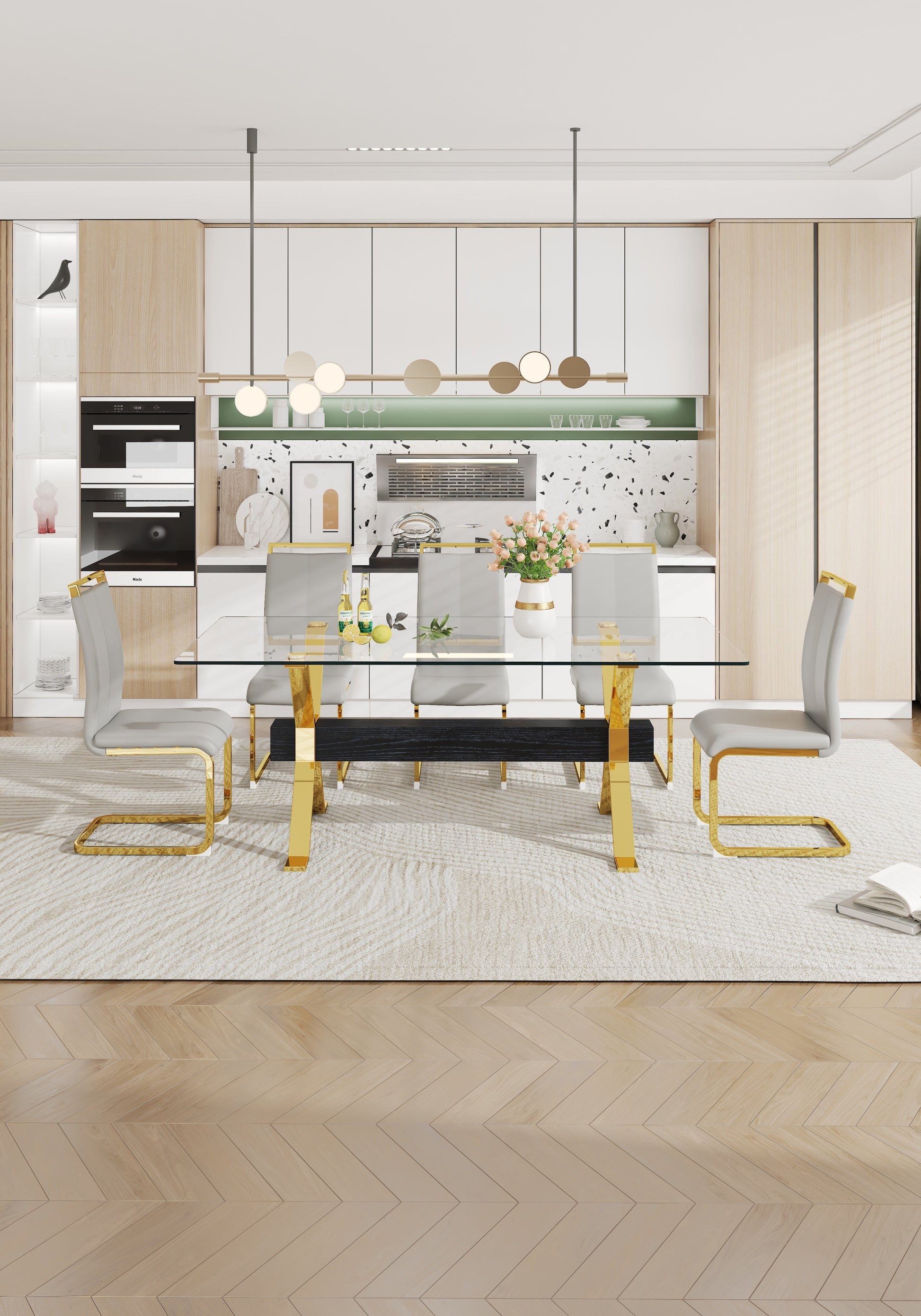 Dining Table. Modern Tempered Glass Dining Table. Large Modern Office Desk With Gold Plated Metal Legs And Mdf Crossbars, Suitable For Both Home And Office Use. Kitchen. 79 ''X39''X30 '' 1105 Transparent Glass