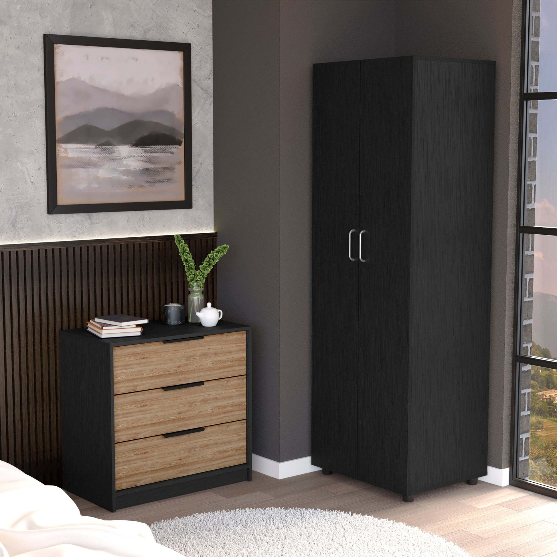 2 Piece Bedroom Set, London Armoire Egeo 3 Drawers Dresser, Black Pine