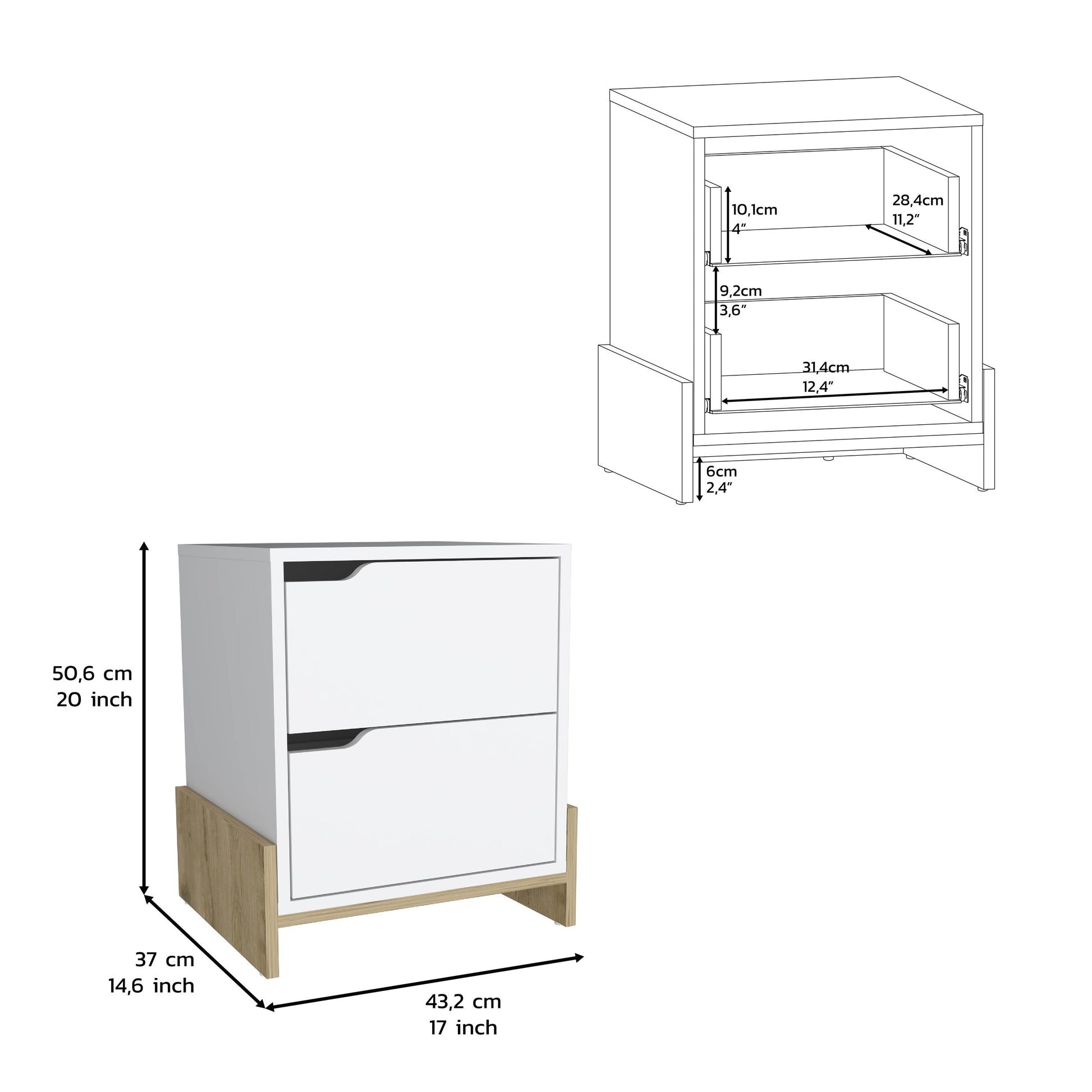 Nightstand With 2 Drawers, End Table With Sturdy Base, White Macadamia Multicolor Particle Board Particle Board