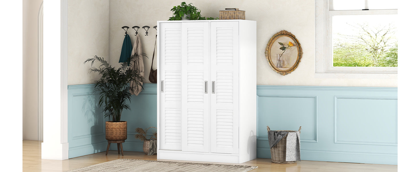 3 Door Shutter Wardrobe With Shelves, White Sliding White White Shelf Bedroom Shelf Contemporary 3 Mdf