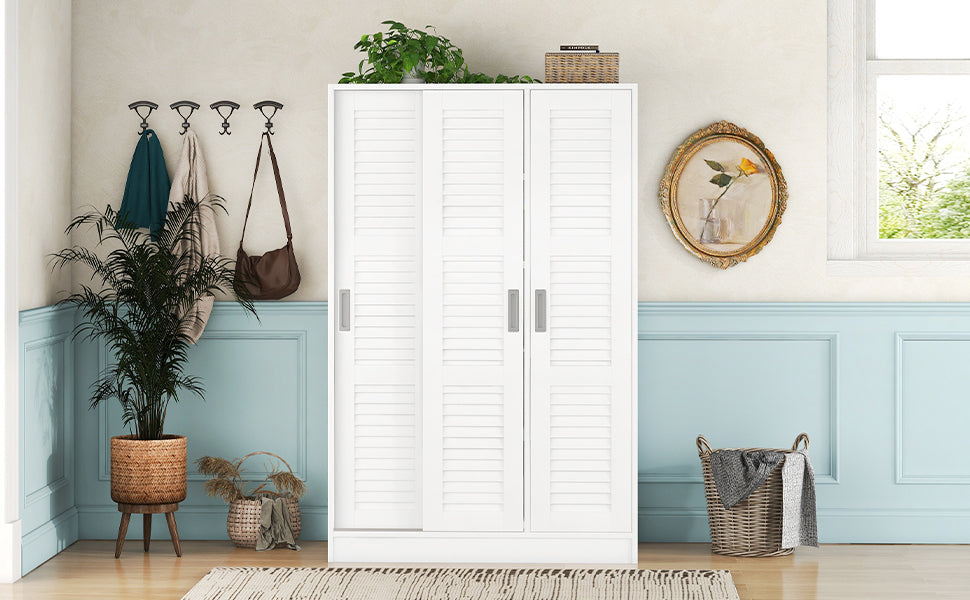 3 Door Shutter Wardrobe With Shelves, White Sliding White White Shelf Bedroom Shelf Contemporary 3 Mdf