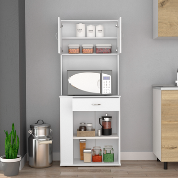 Pantry Cabinet 67" H, Two Doors, One Drawer, Two Open Storage Shelves, Two Internal Shelves, Three Open Side Storage Shelves, White White Particle Board Particle Board