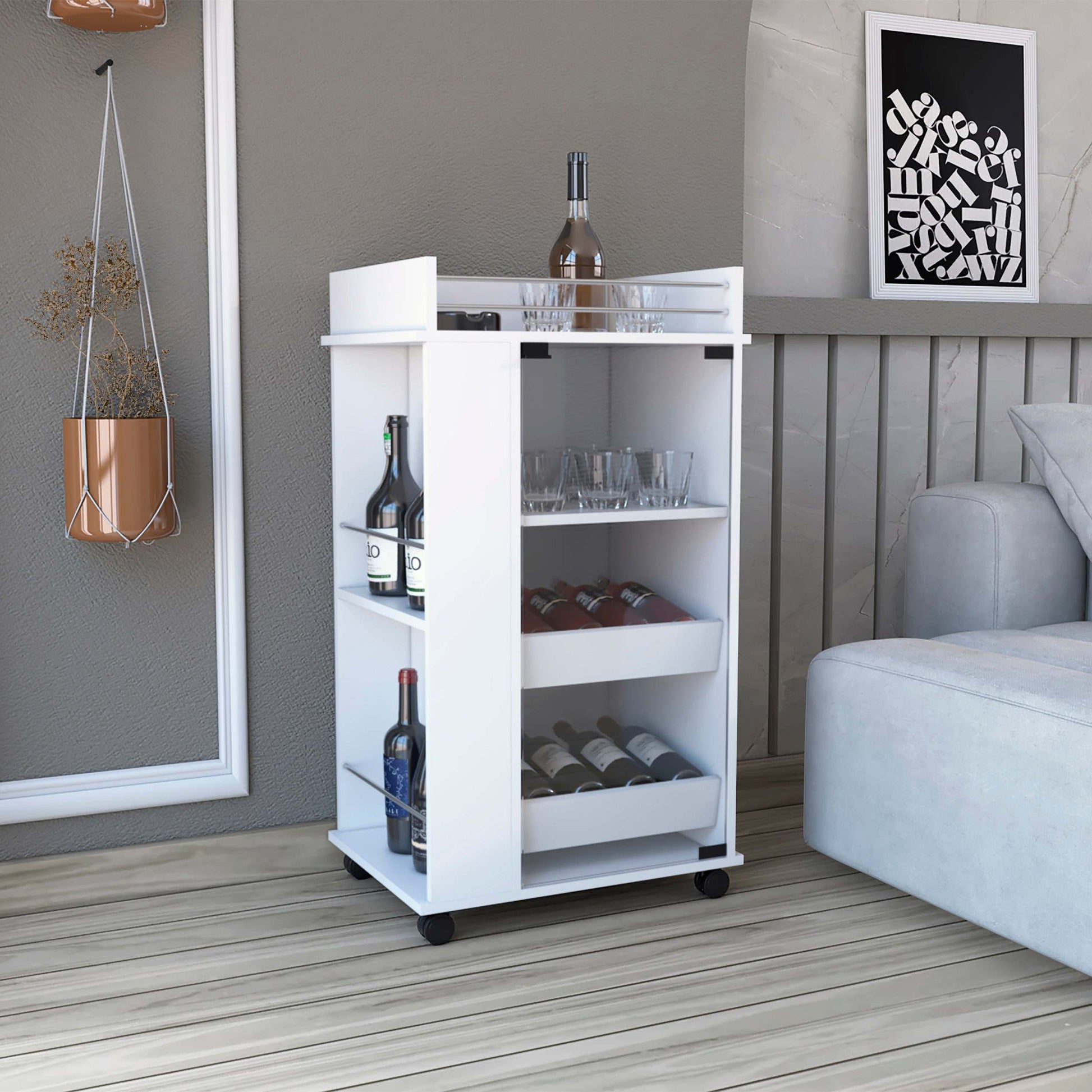 Bar Cart With Glass Door, 2 Side Shelves And Casters, White White Particle Board Particle Board