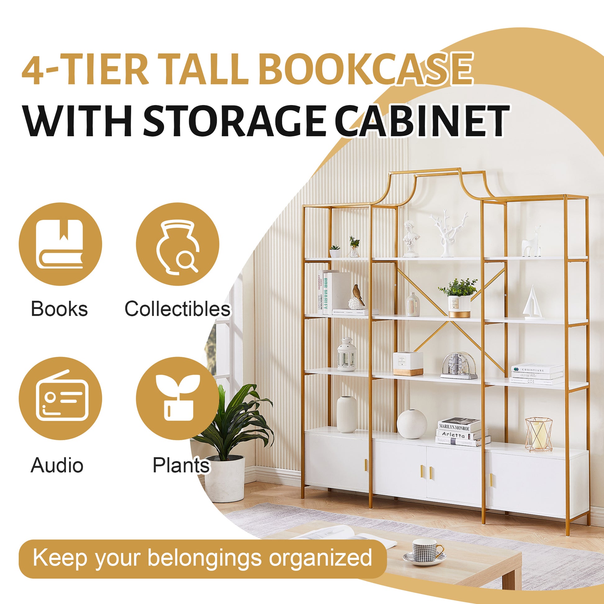 78 Inch 4 Tiers Home Office Bookcase Bookshelf, Storage Cabinet Display Shelf, X Bar Gold Frame Golden White Mdf Steel