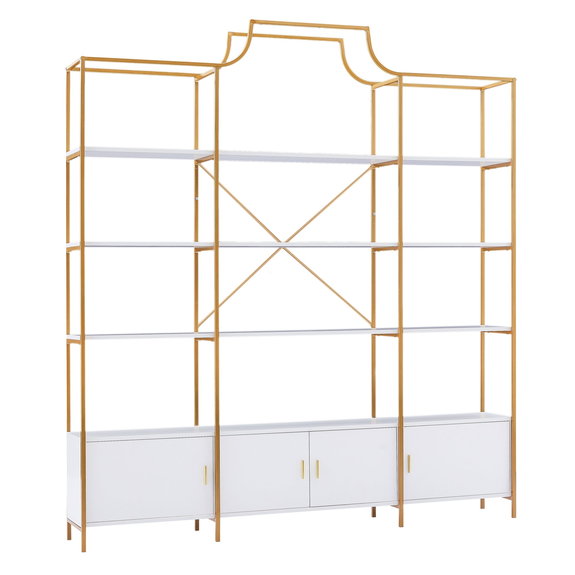 78 Inch 4 Tiers Home Office Bookcase Bookshelf, Storage Cabinet Display Shelf, X Bar Gold Frame Golden White Mdf Steel