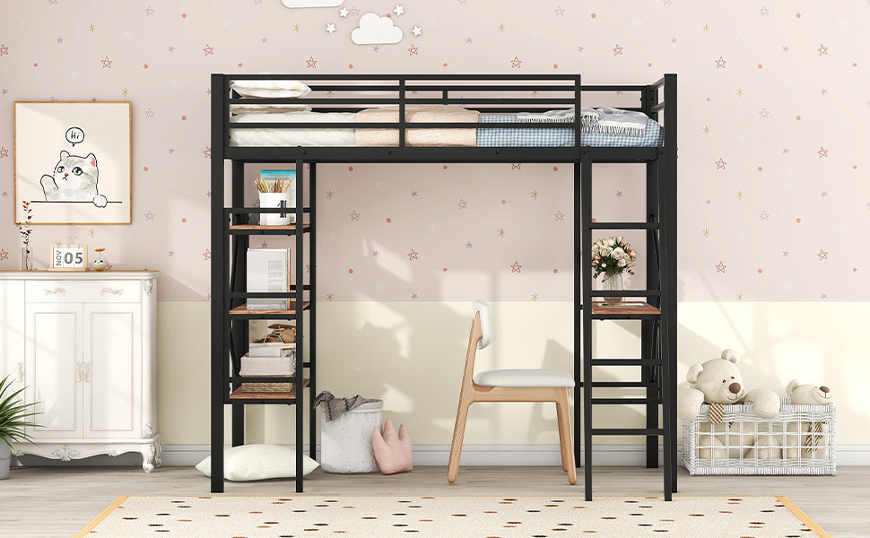 Twin Size Metal Loft Bed With Shelves And Desk, Black Old Sku: Wf306849Aab Box Spring Not Required Twin Black Metal Bedroom Bed Frame Metal