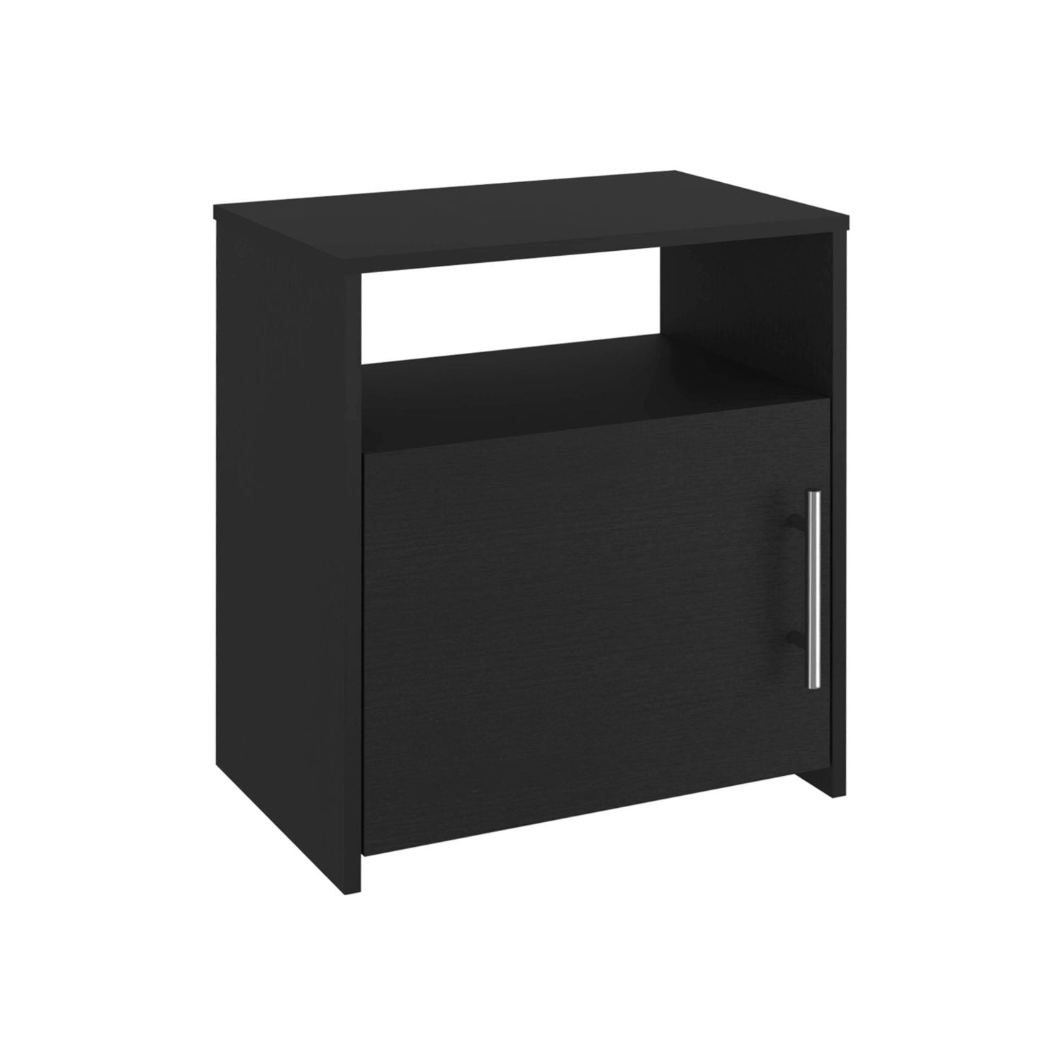 Modern And Easy To Install Black Bedside Nightstand With 1 Door And 1 Metal Handle For Open The Storage And 1 Shelf. Black Particle Board Particle Board