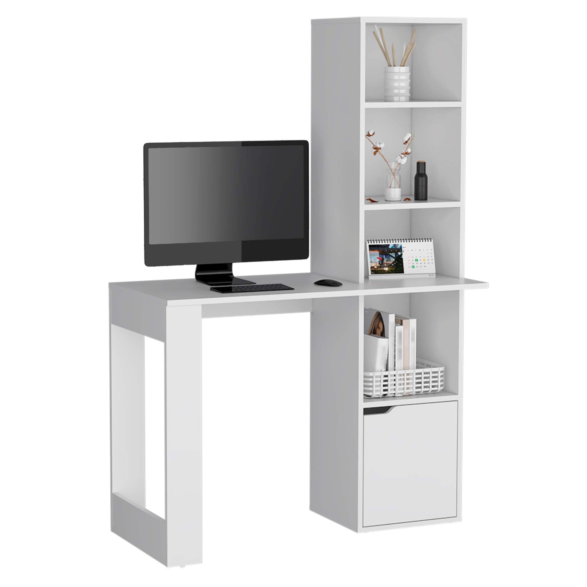 Writing Desk With Bookcase And Cabinet, White White Particle Board Particle Board