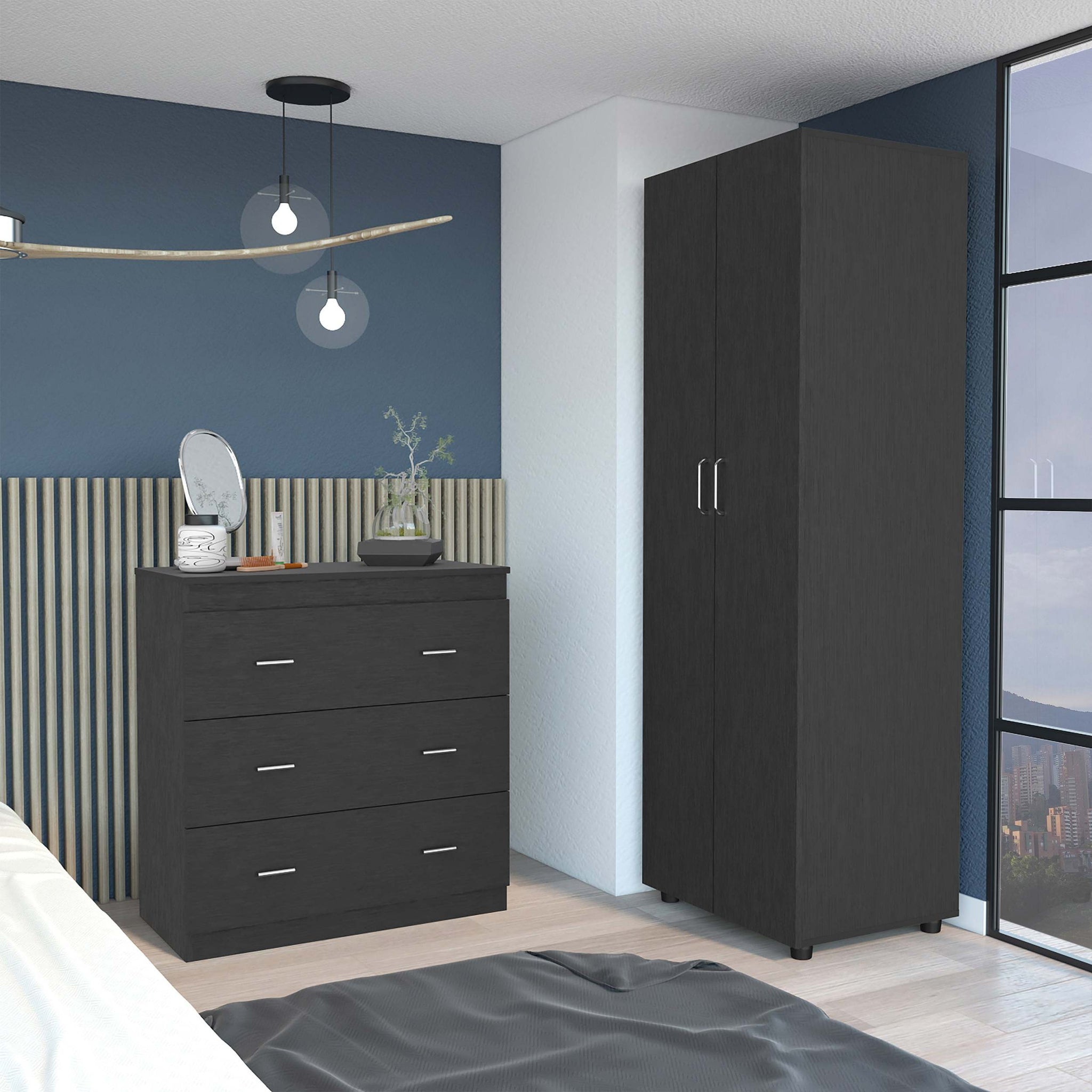 2 Piece Bedroom Set, London Armoire Capri Three Drawer Dresser, Black Black Particle Board Particle Board