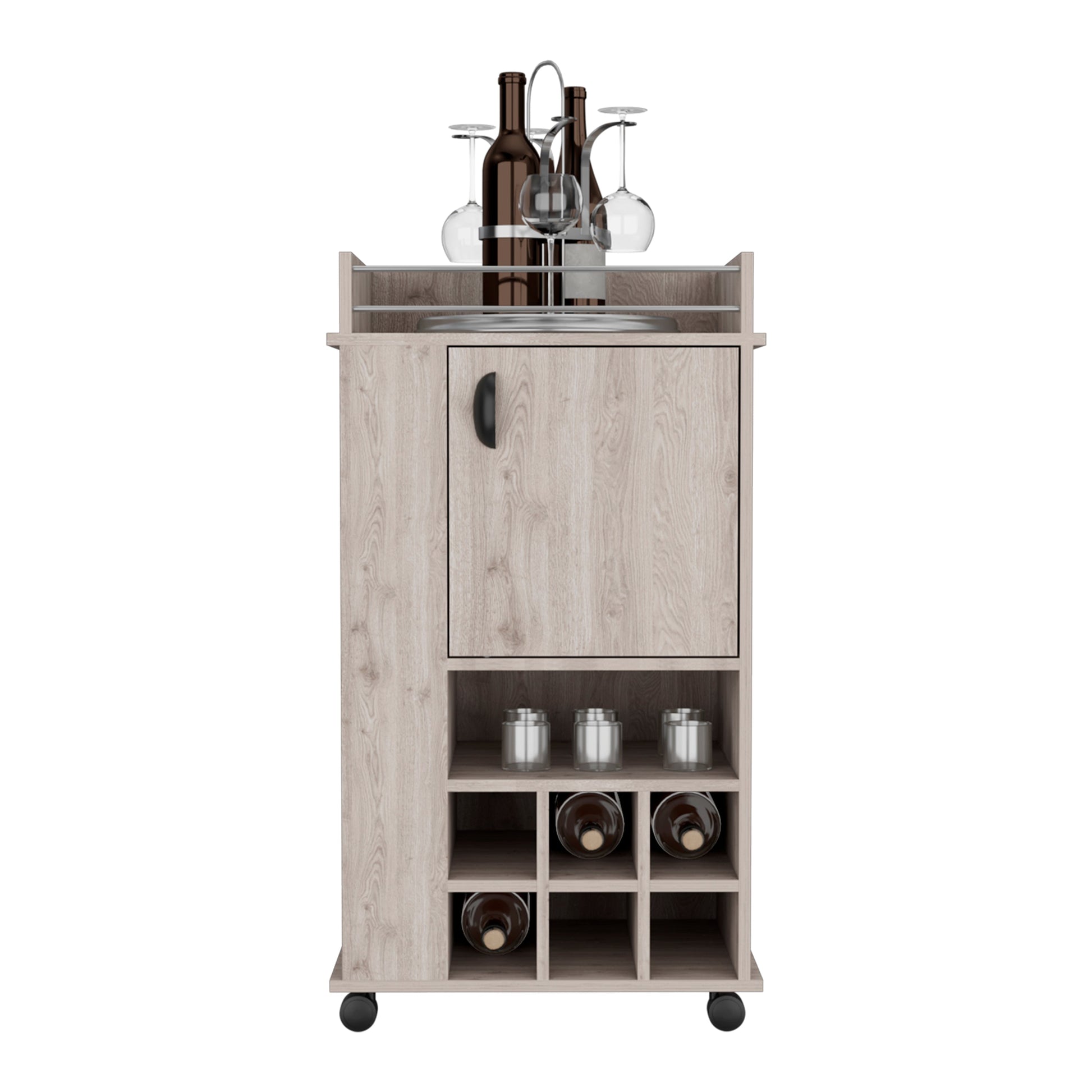 Light Gray 4 Wheel Bar Cart Cabinet For Kitchen Or Living Room, With 6 Built In Bottle Racks, 1 Interior Shelve, 2 Side Shelves, 1 Space With Wood Door To Store Glasses, Cups, Coffee Or Snacks. Gray Particle Board Particle Board