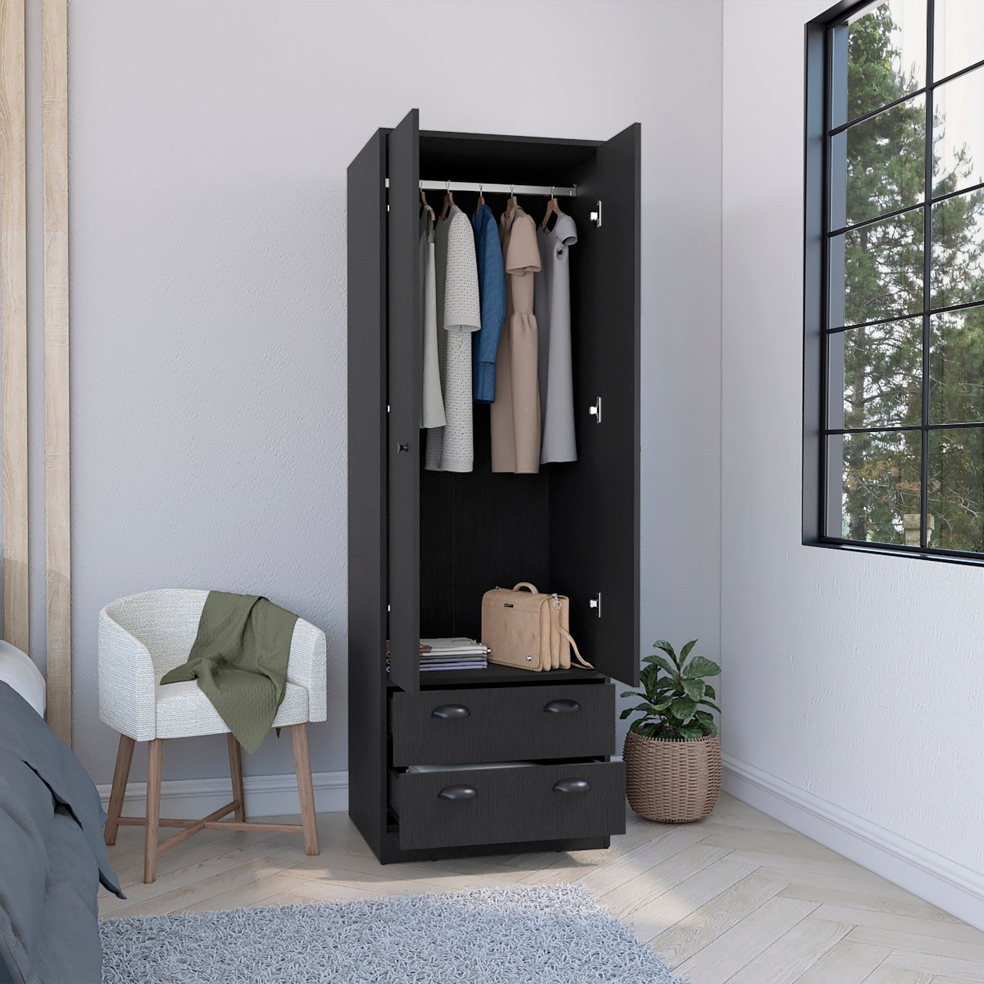 Armoire 70"H With 2 Drawers And 2 Doors, Black Hinged Black 2 Drawers Bedroom Modern 2 Or Less Black Particle Board Particle Board