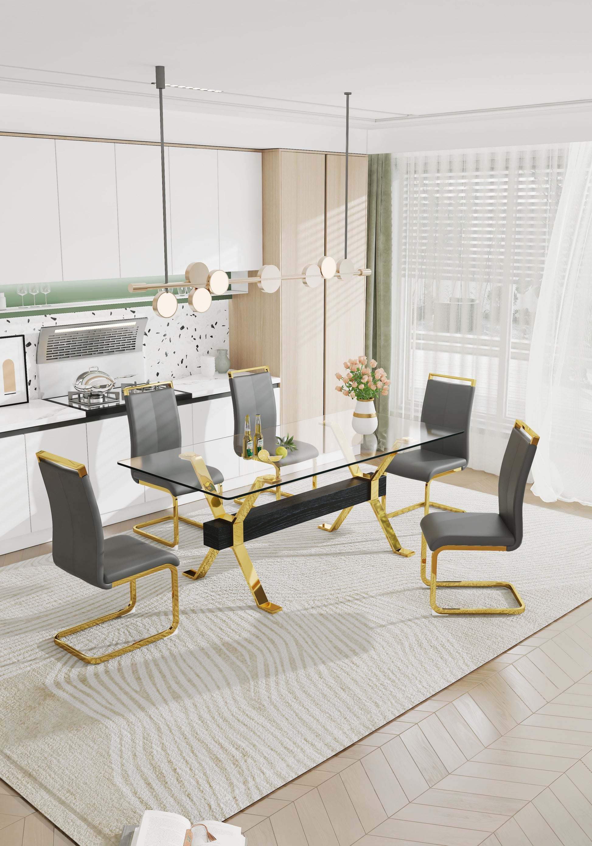 Dining Table. Modern Tempered Glass Dining Table. Large Modern Office Desk With Gold Plated Metal Legs And Mdf Crossbars, Suitable For Both Home And Office Use. Kitchen. 79 ''X39''X30 '' 1105 Transparent Glass