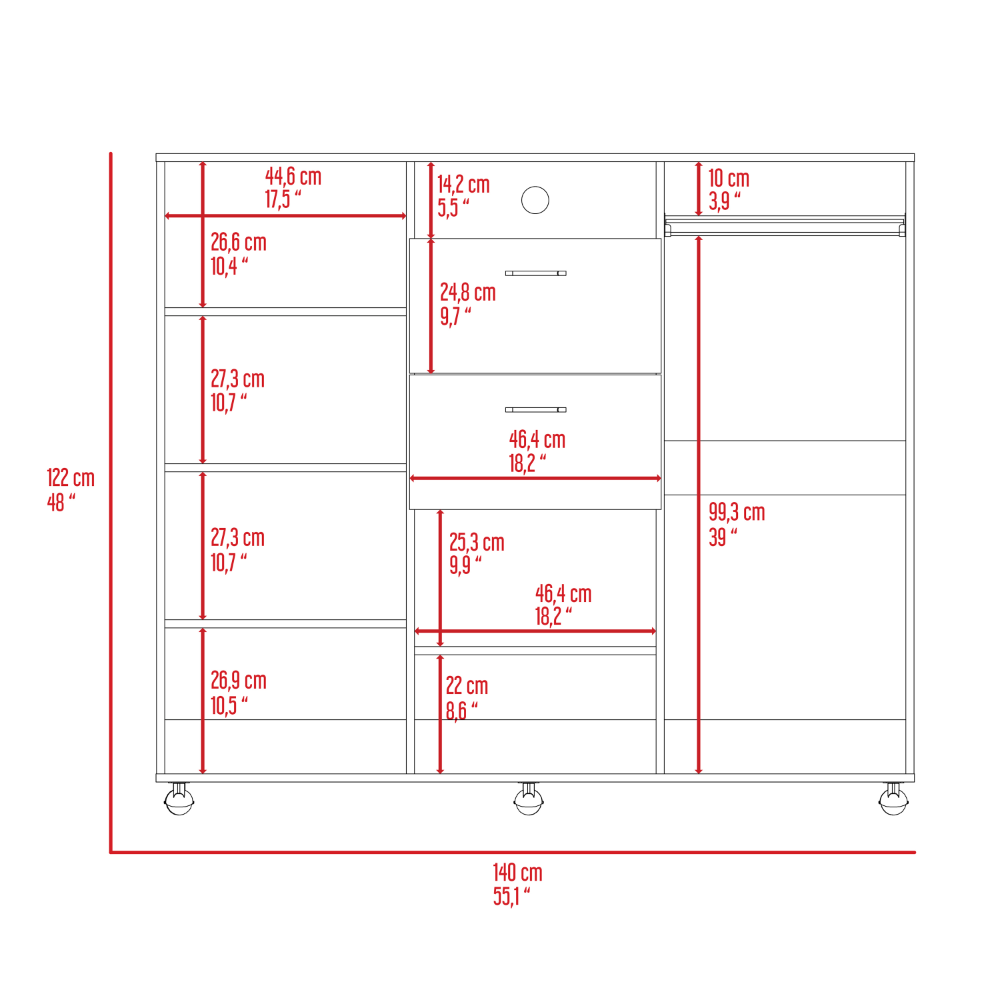 Cabinet Dresser 48"H, Two Drawers, 3 Door, Four Interior Shelves, Rod, Black Black Particle Board Particle Board