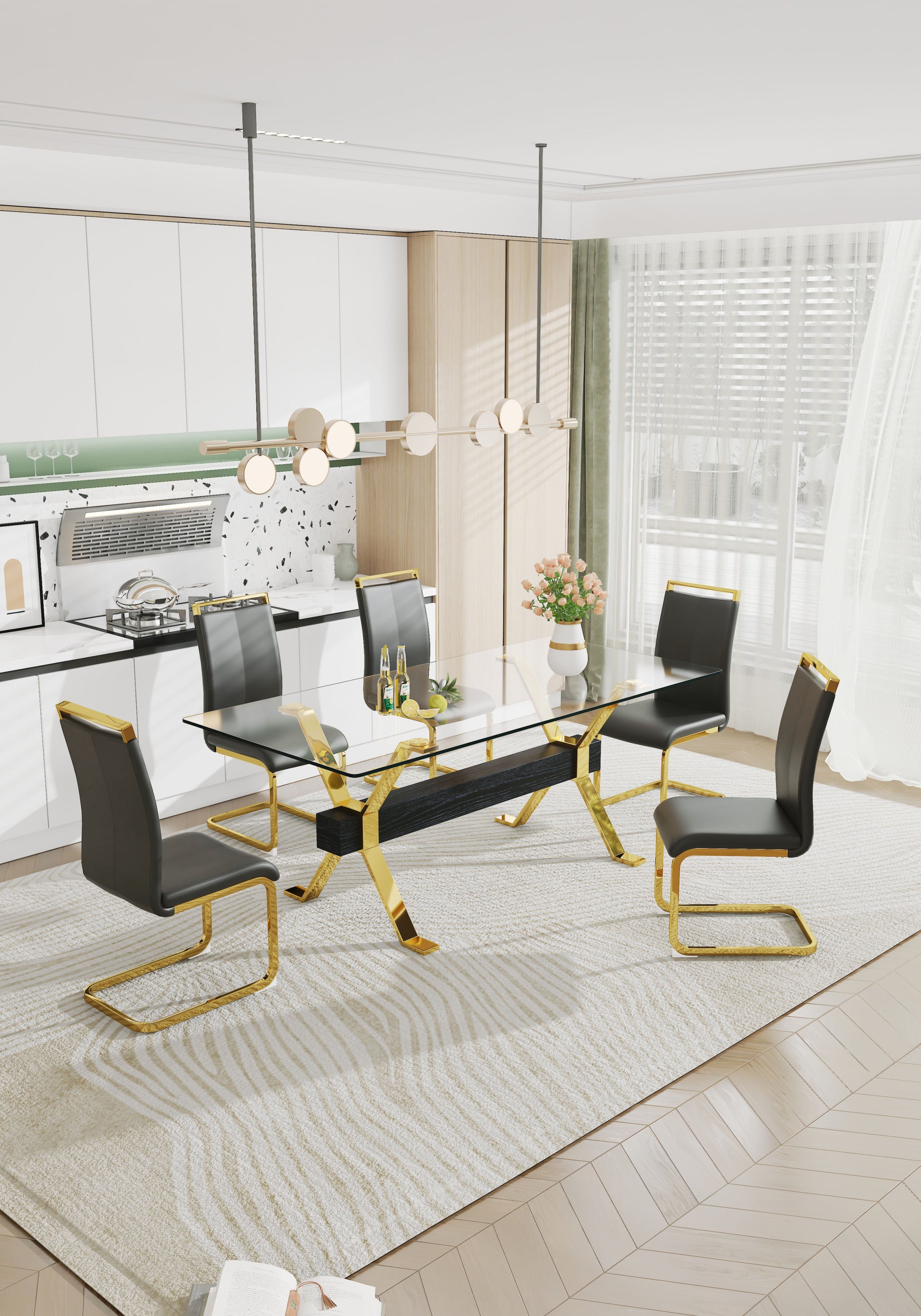 Dining Table. Modern Tempered Glass Dining Table. Large Modern Office Desk With Gold Plated Metal Legs And Mdf Crossbars, Suitable For Both Home And Office Use. Kitchen. 79 ''X39''X30 '' 1105 Transparent Glass