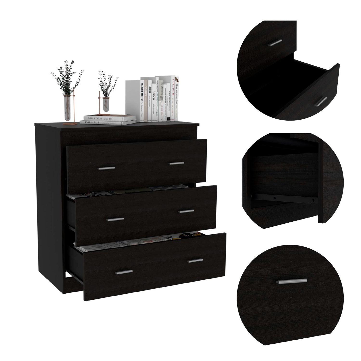 Dresser 33"H, Three Drawer, Superior Top, Metal Handles, Black Black Particle Board Particle Board