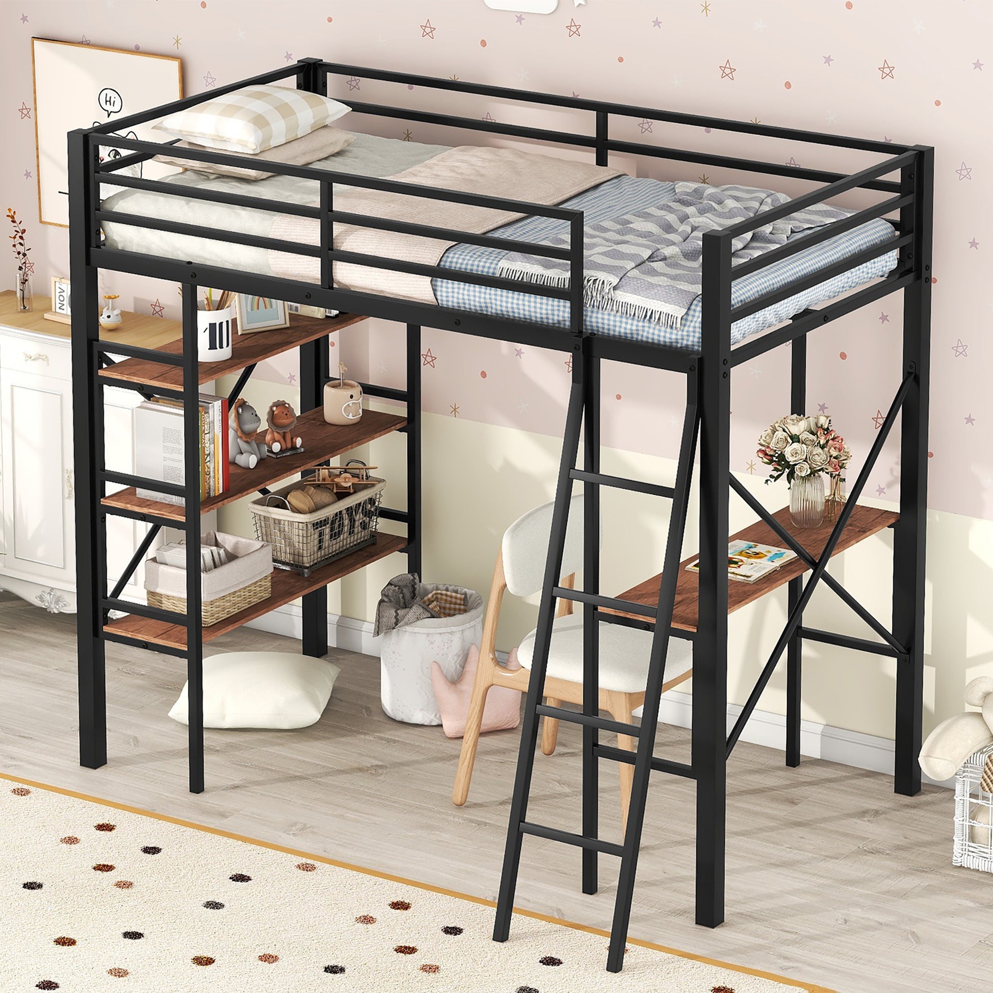 Twin Size Metal Loft Bed With Shelves And Desk, Black Old Sku: Wf306849Aab Box Spring Not Required Twin Black Metal Bedroom Bed Frame Metal