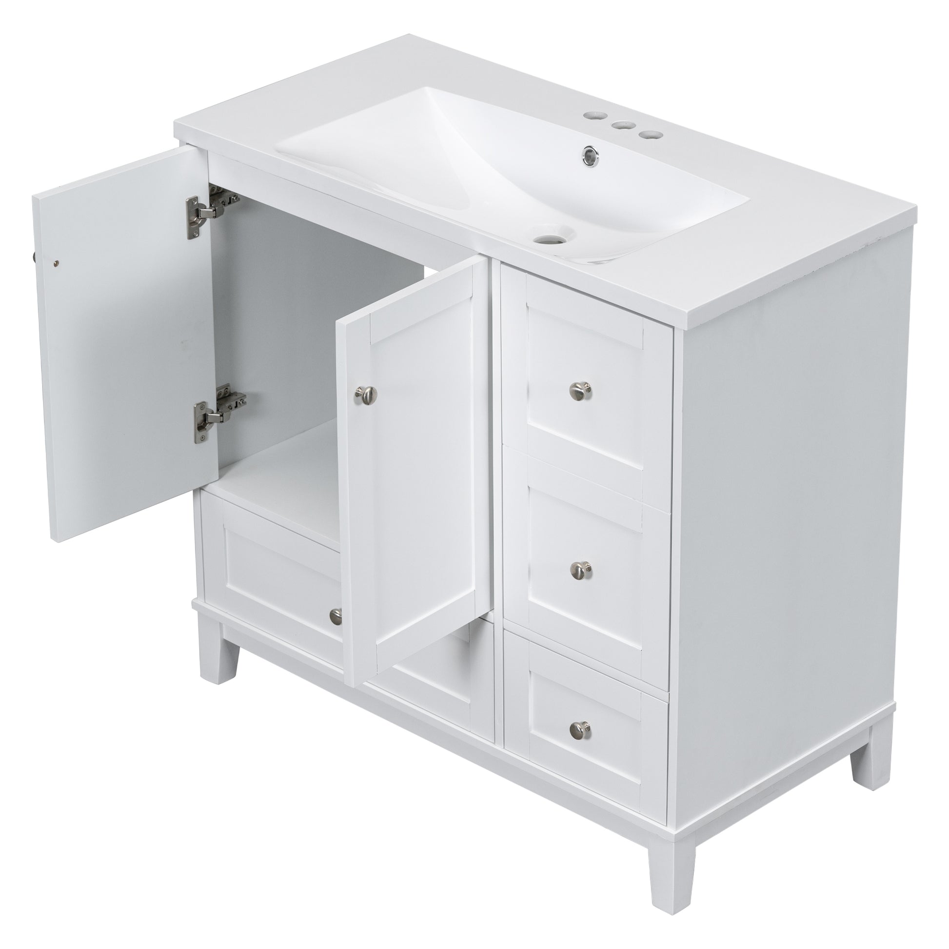 36 Inch Modern Bathroom Vanity With Usb Charging, Two Doors And Three Drawers Bathroom Storage Vanity Cabinet, Small Bathroom Vanity Cabinet With Single Sinkwhite & Gray Blue Faucets Not Included White Solid Wood Mdf Resin