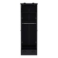 Black Dresser Closet With Upper Storage Covered With 1 Door, This Wardrobe Also Has 2 Central Shelves And 1 Tube For Hanging Clothes Covered By 2 Doors, And 1 Drawer At The Bottom. Black Particle Board Particle Board